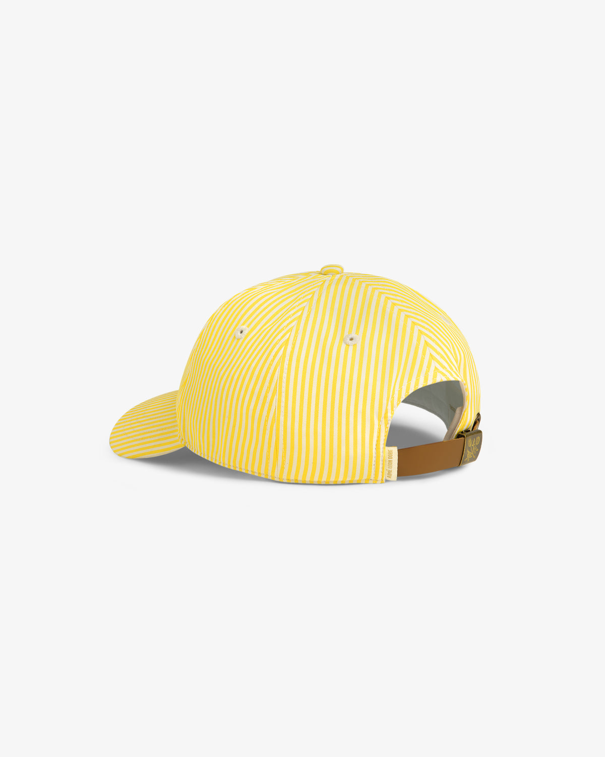 Striped Crest Logo Hat in yellow and white, shown from the back with adjustable brown strap and metal clasp.