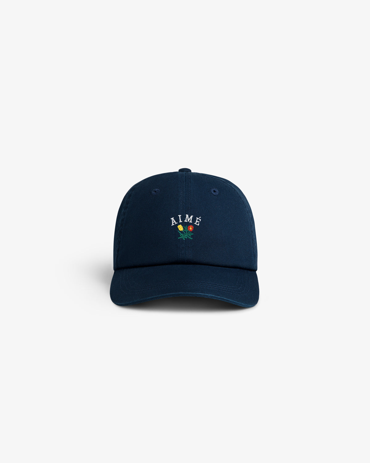 Navy blue Crest Logo Hat with AIMÉ and a small embroidered rose on the front, shown on a white background.