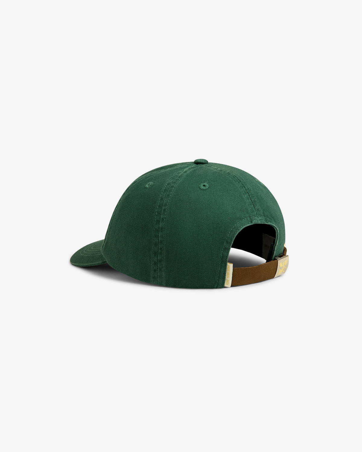 The Crest Logo Hat is green, shown from the back with an adjustable brown strap and a brass buckle.