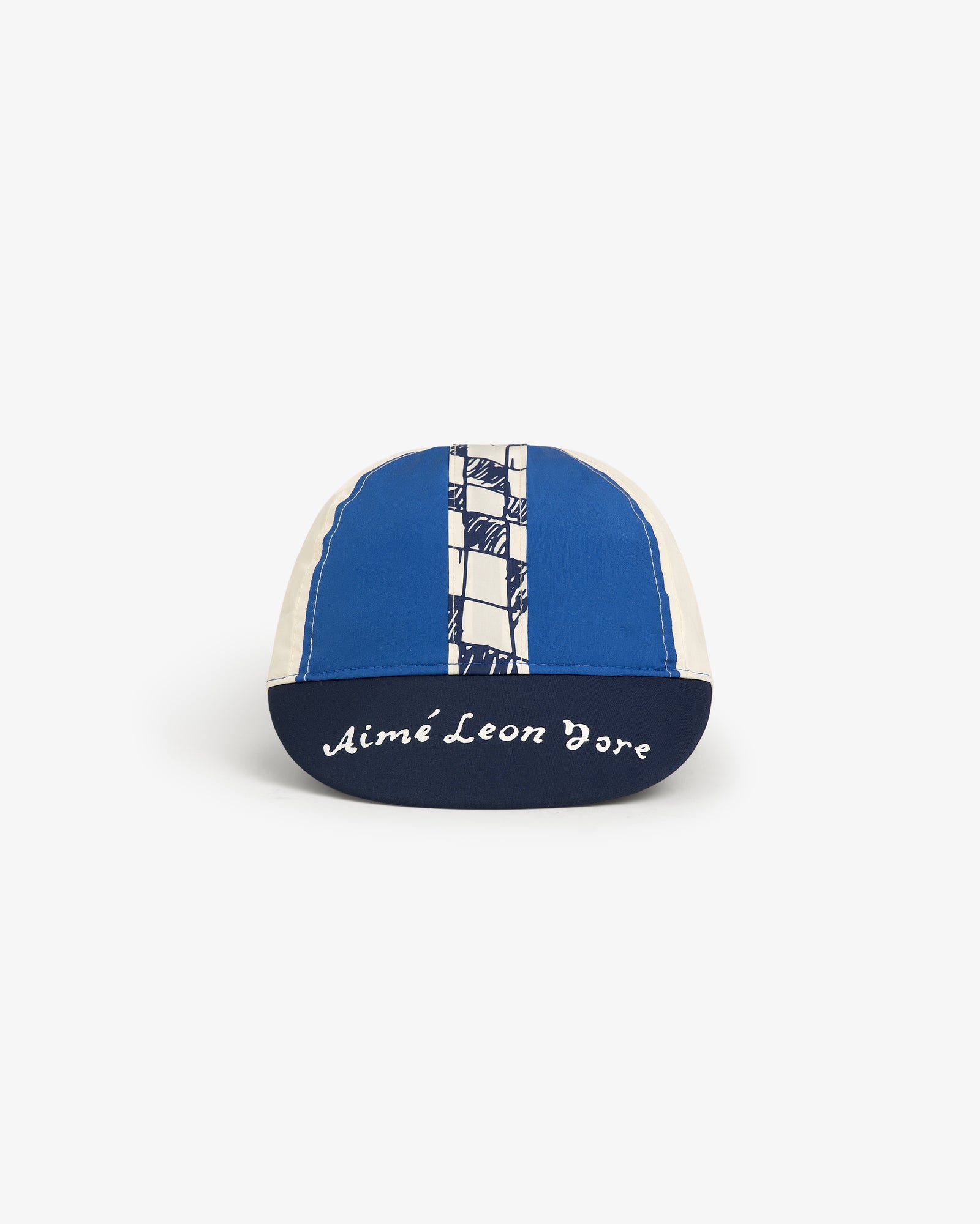 Fassianos Cycling Cap in blue and white with a checkered stripe and Aimé Leon Dore text on the brim, on white background.