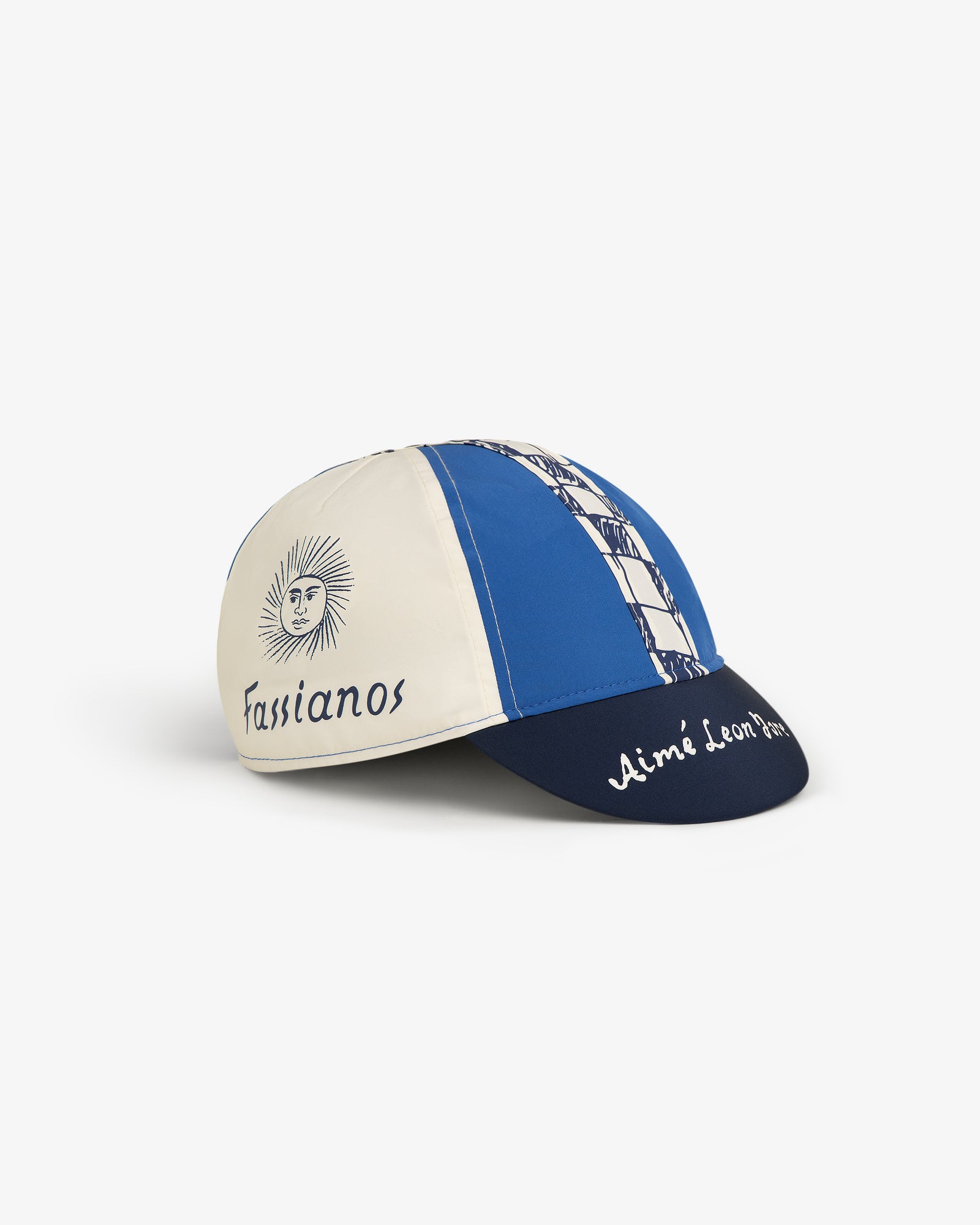 Fassianos Cycling Cap: blue and white with sun graphic, Fassianos and Aimé Leon Dore text on white background.