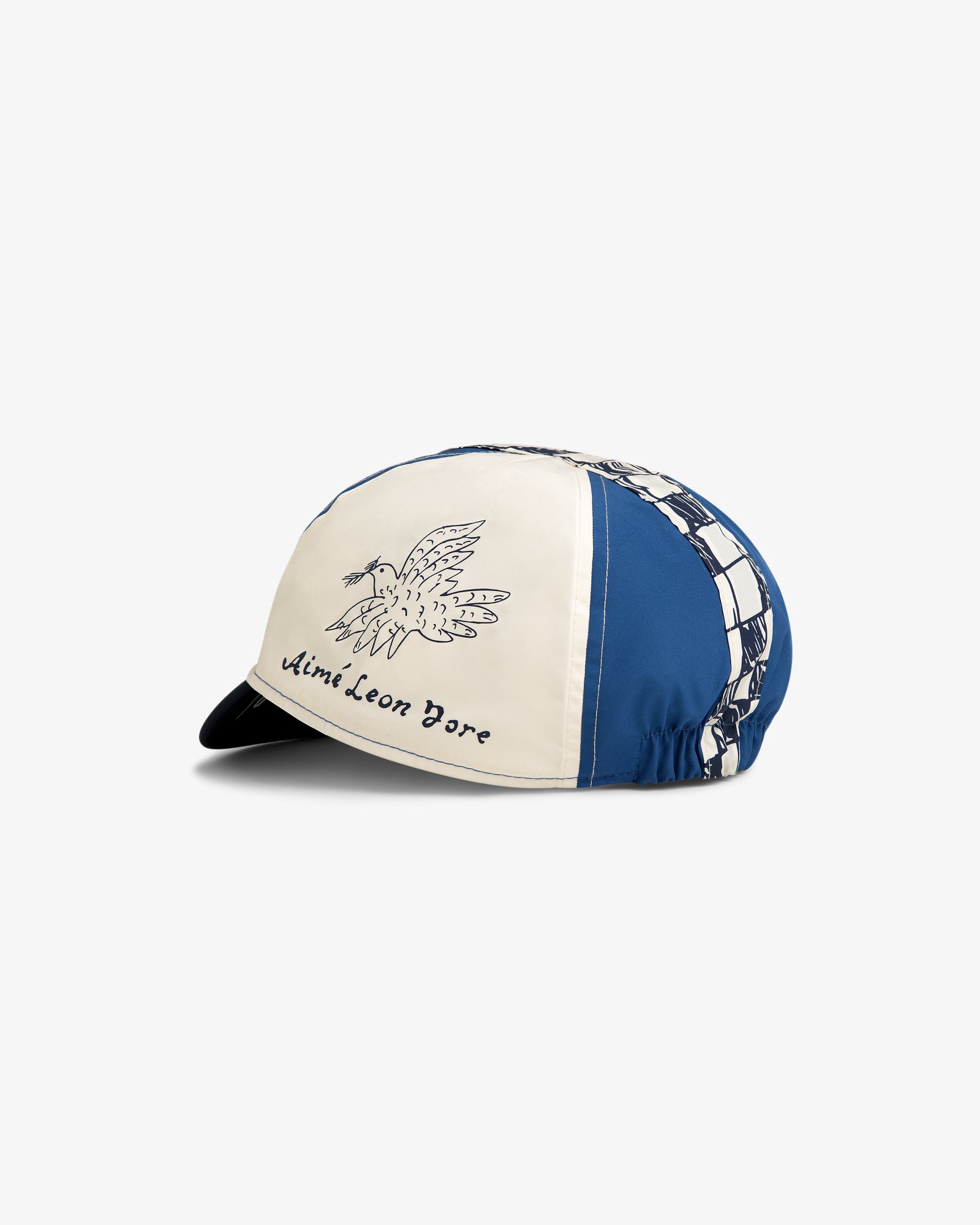 The Fassianos Cycling Cap is blue and white with a bird illustration and Aimé Leon Dore text on the front.