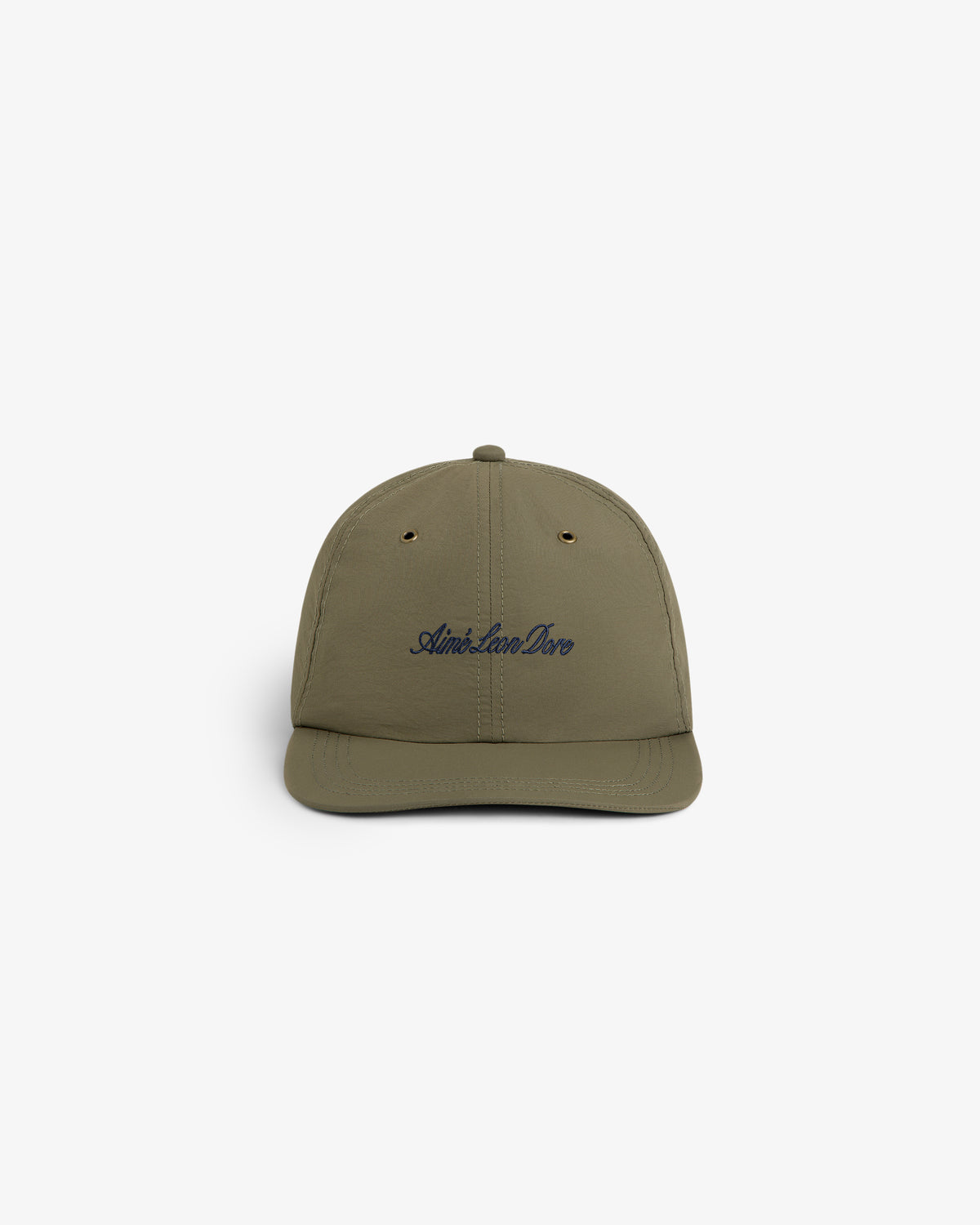 Olive green Script Sport Hat with Aimé Leon Dore embroidered in navy blue on the front, shown on a white background.