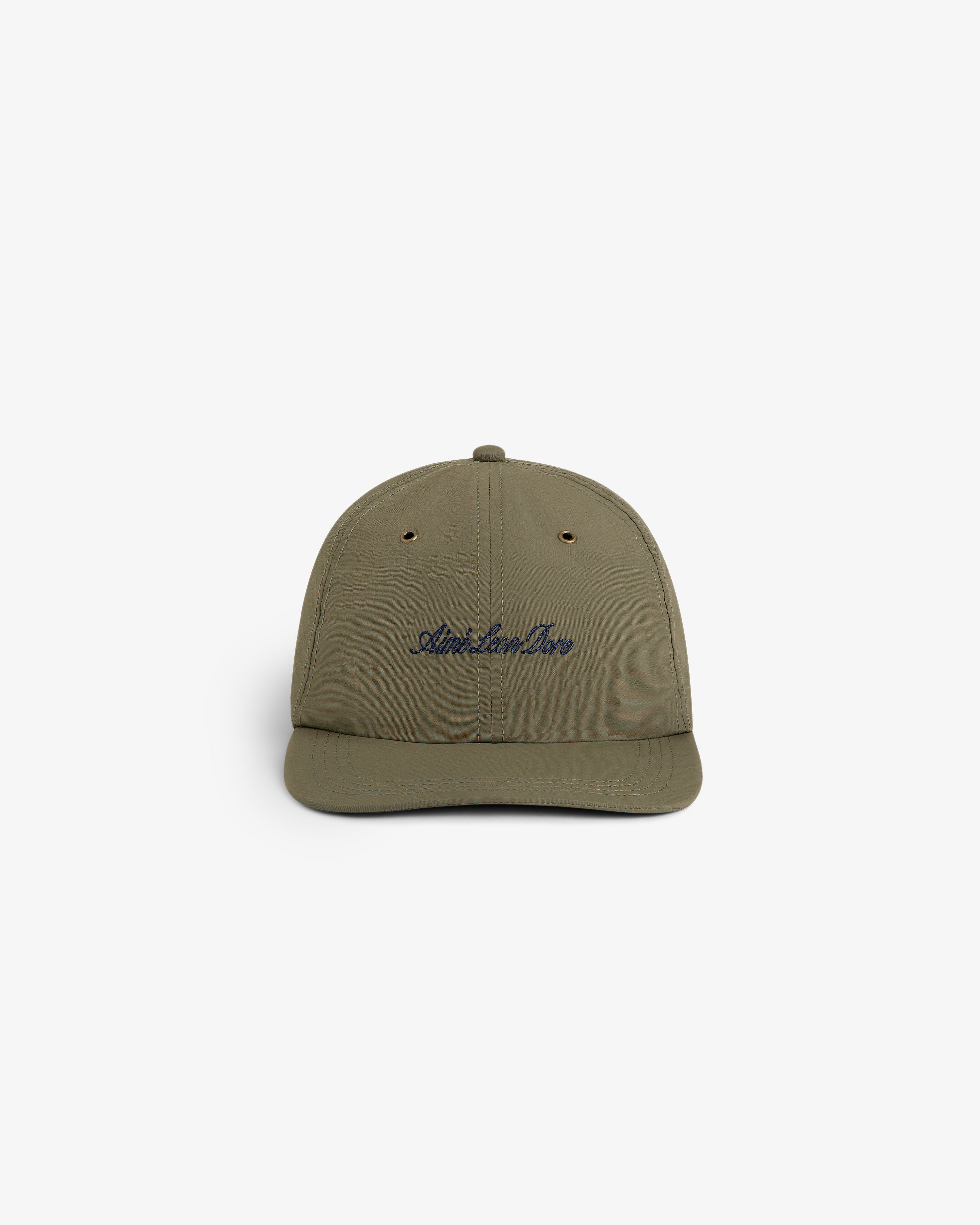 Olive green Script Sport Hat with Aimé Leon Dore embroidered in navy blue on the front, shown on a white background.