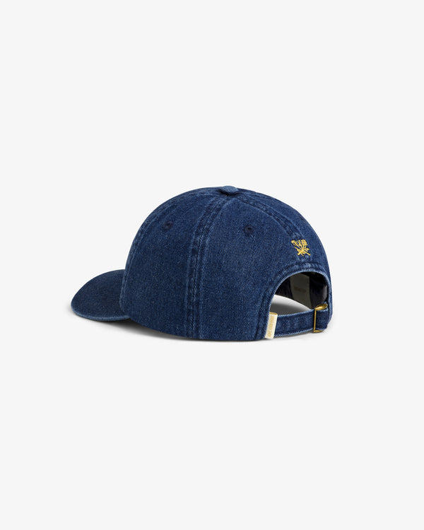 Back view of the Denim Script Hat, a blue denim cap with yellow embroidery and adjustable strap.