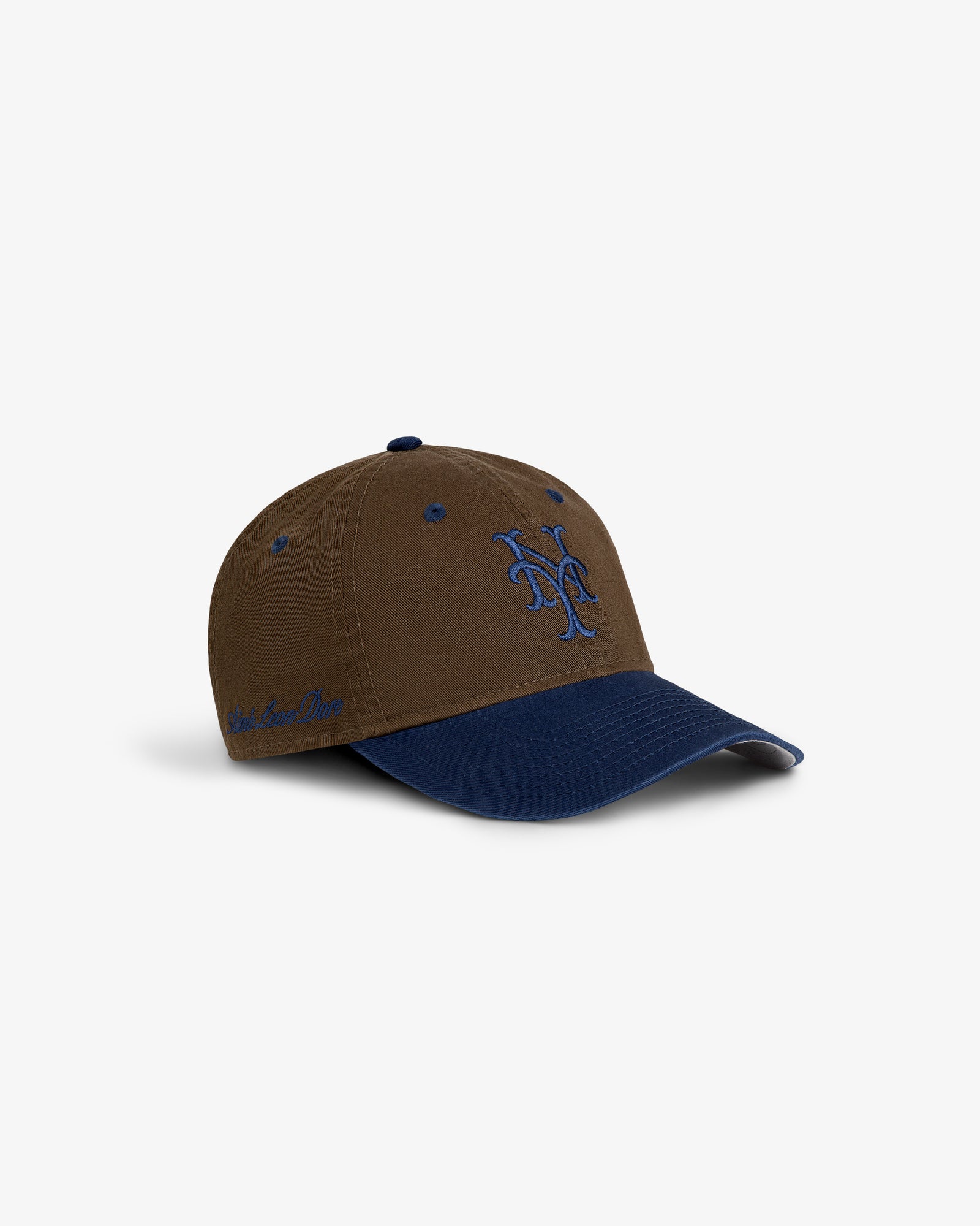 ALD / New York Mets Colorblock Ballpark Hat in brown and navy with blue embroidered logo, shown on white background.