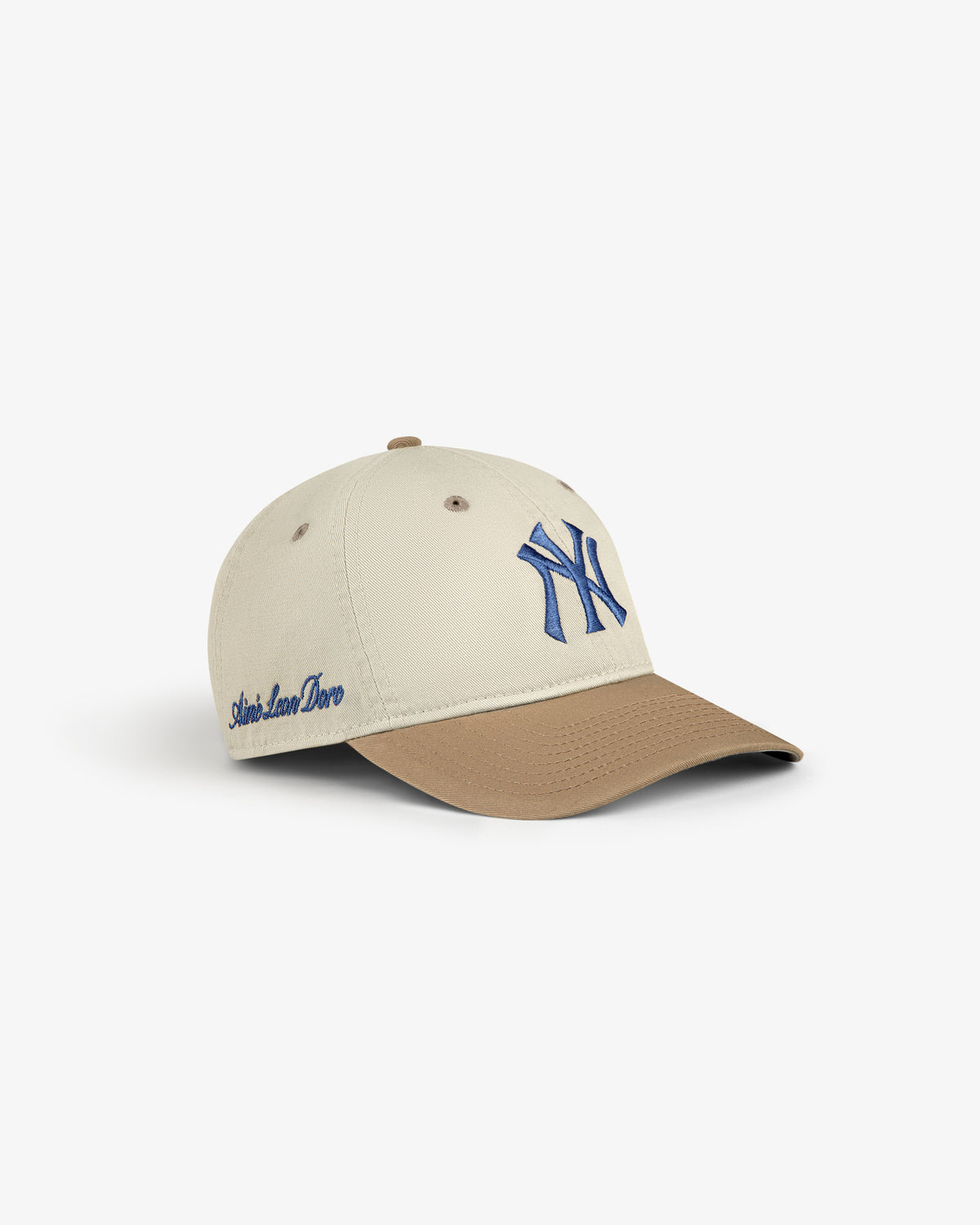 ALD / New York Yankees Colorblock Ballpark Hat featuring a blue NY logo and Aimé Leon Dore embroidery on the side.