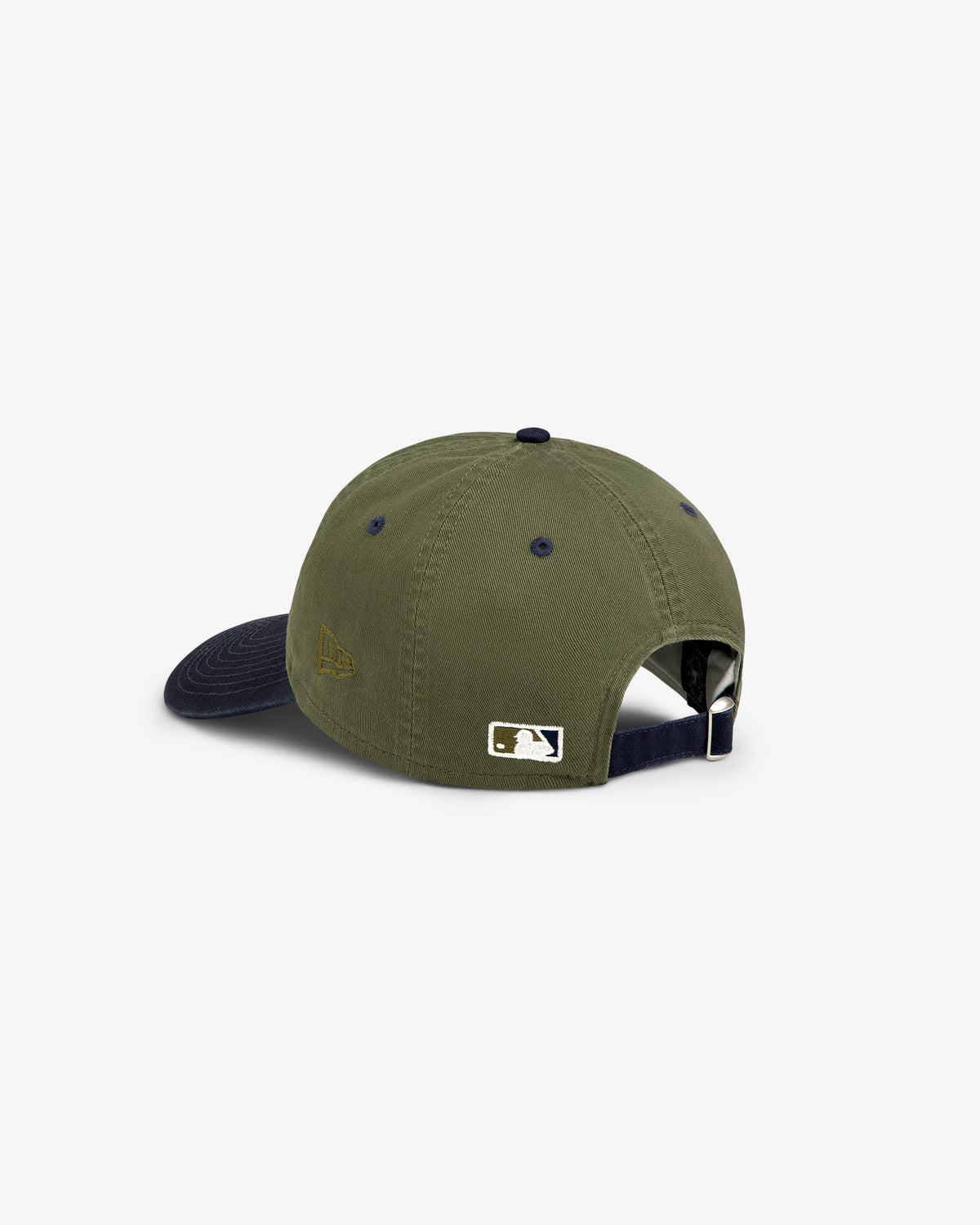 Back of ALD / New York Yankees Colorblock Ballpark Hat: olive green, navy brim, adjustable strap, MLB logo above closure.