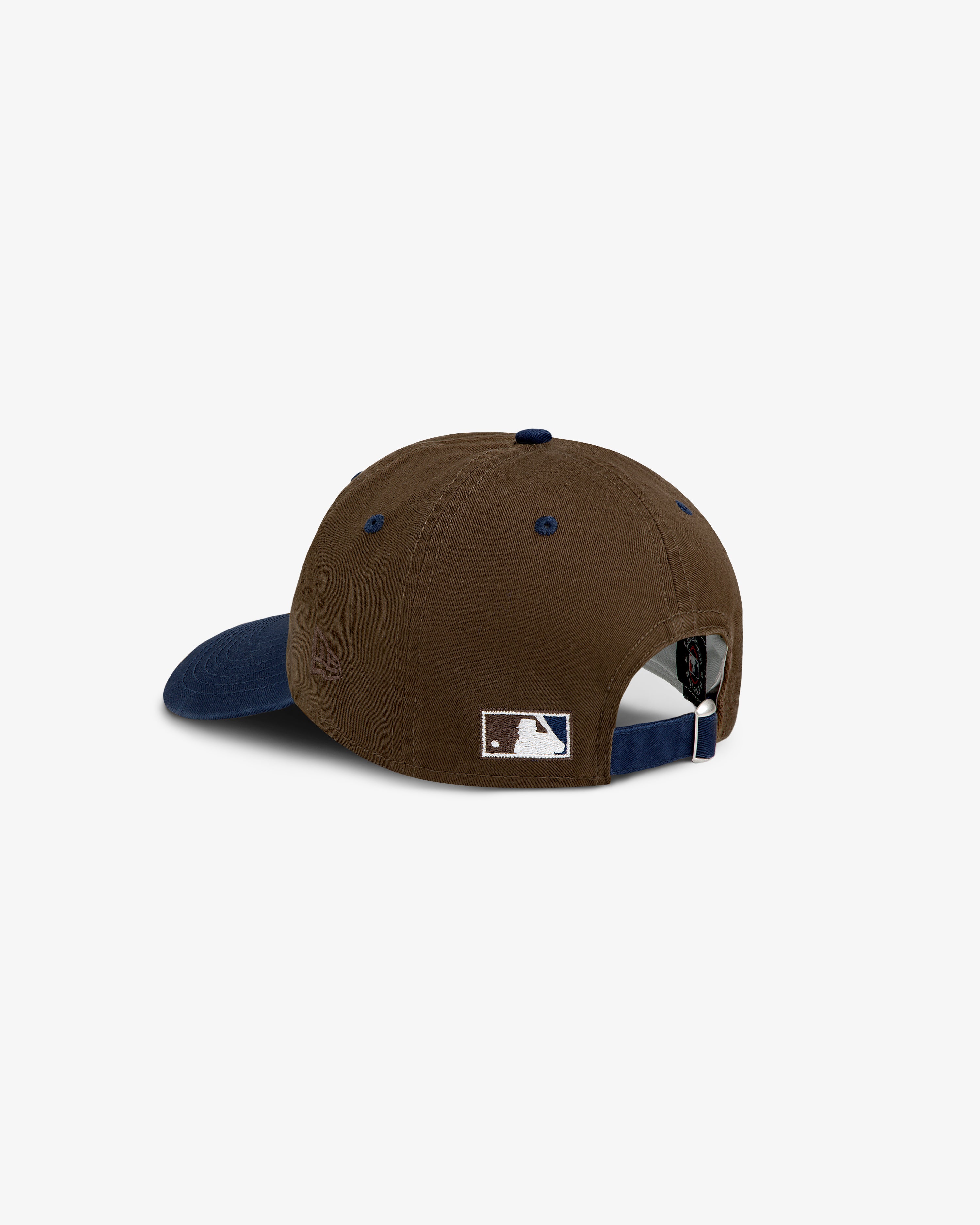 ALD / New York Mets Colorblock Ballpark Hat in brown and navy, shown from the back with an adjustable strap and MLB logo.