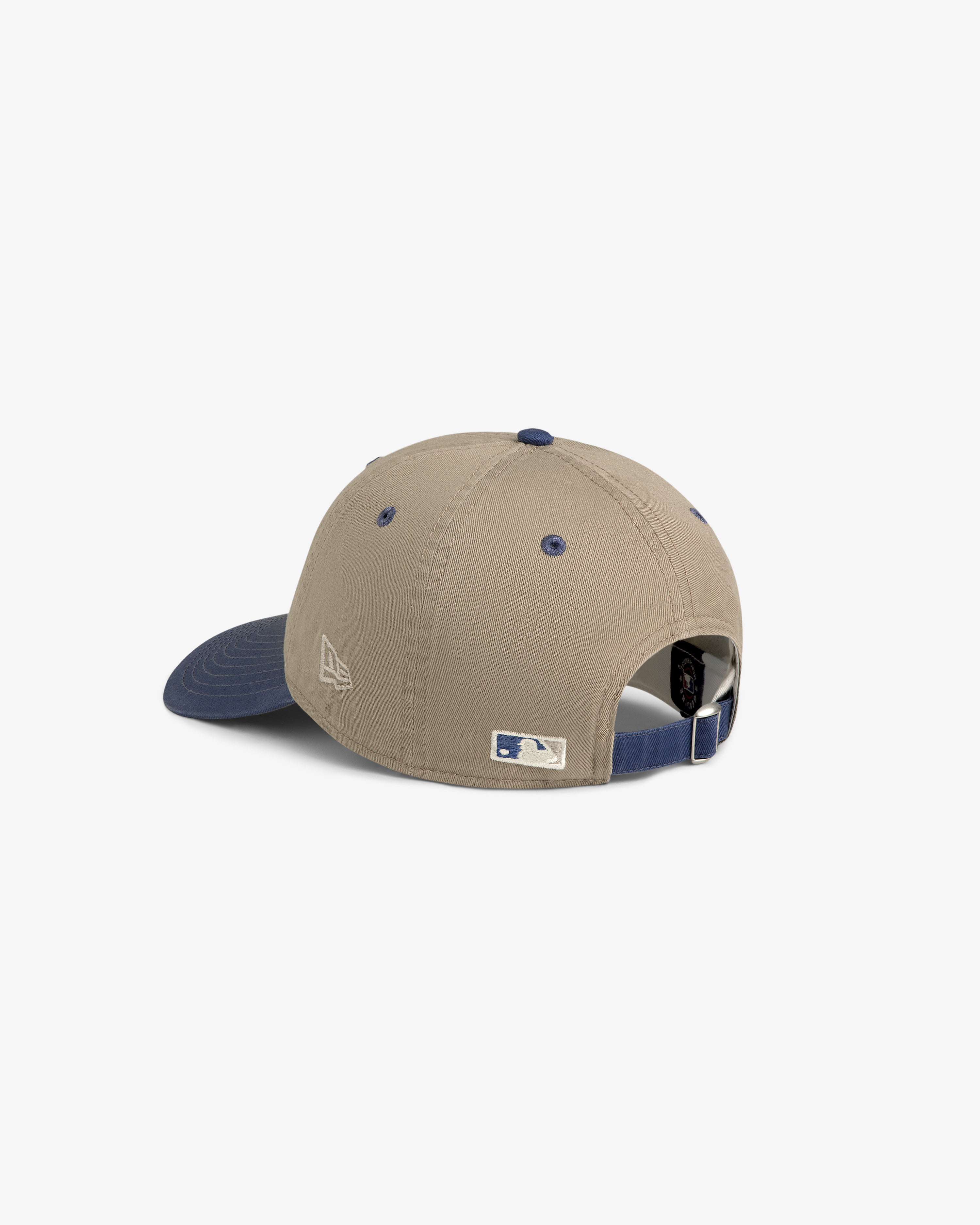 ALD / LA Dodgers Colorblock Ballpark Hat shown from the back, tan cap with navy brim and adjustable strap.