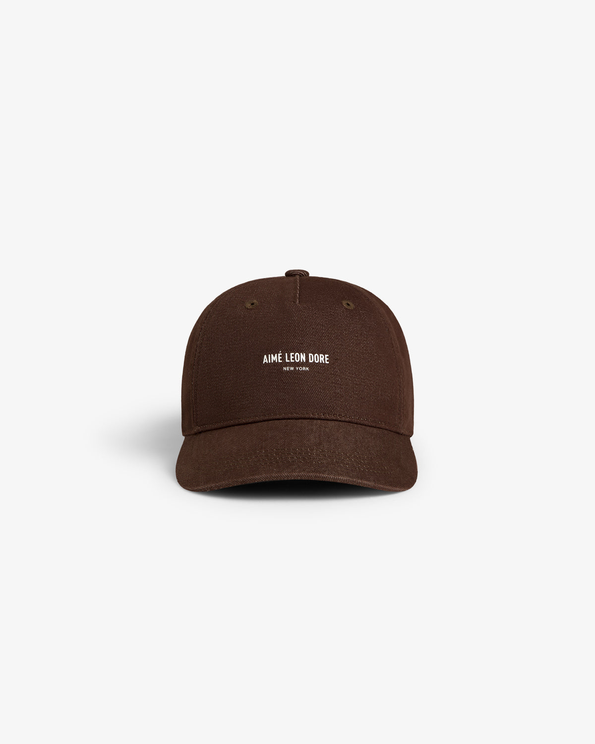 Vintage Micro Logo Hat in brown with white "Aime Leon Dore New York" embroidery on front, shown on white background.