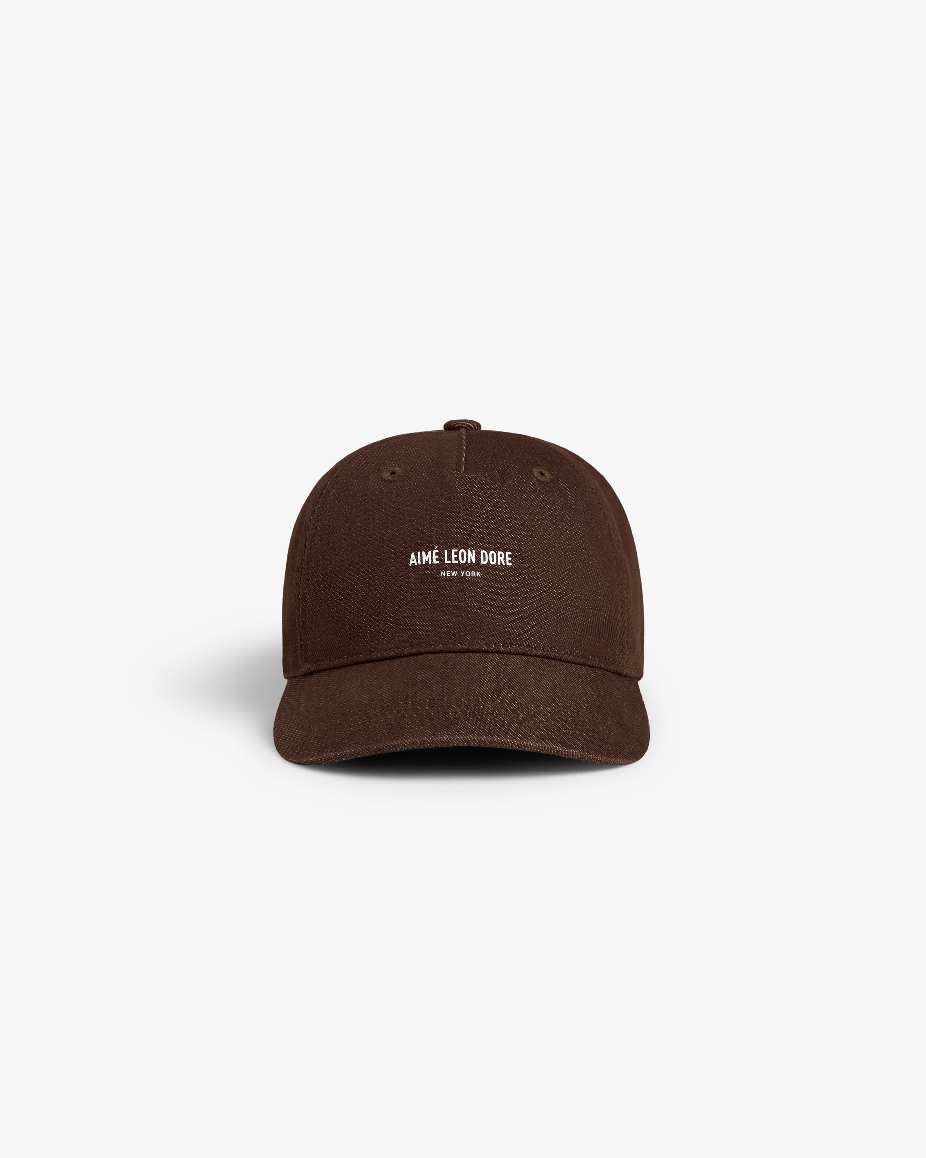 Vintage Micro Logo Hat in brown with white "Aime Leon Dore New York" embroidery on front, shown on white background.