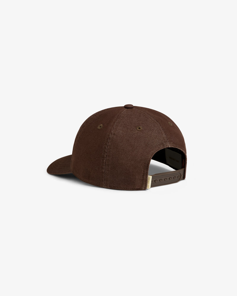 Vintage Micro Logo Hat in brown, shown from the back with adjustable strap and curved brim on white background.