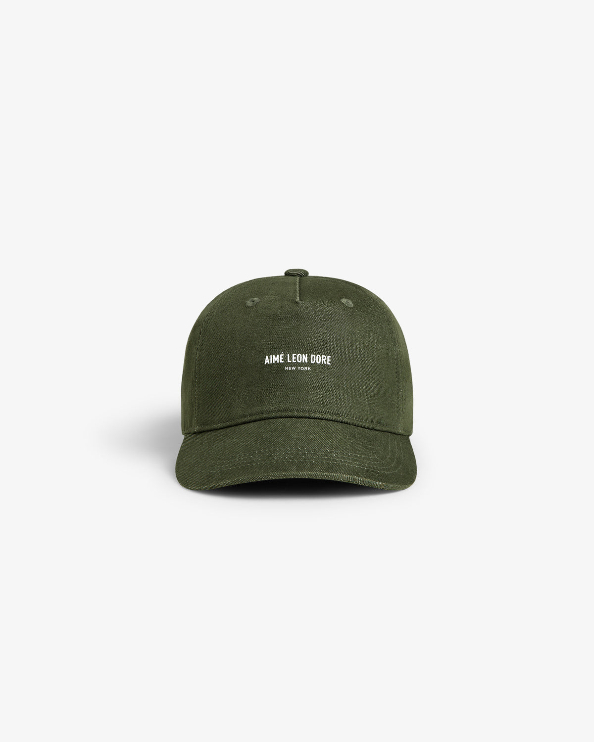 Vintage Micro Logo Hat in olive green with white AIMÉ LEON DORE NEW YORK text embroidered on the front.