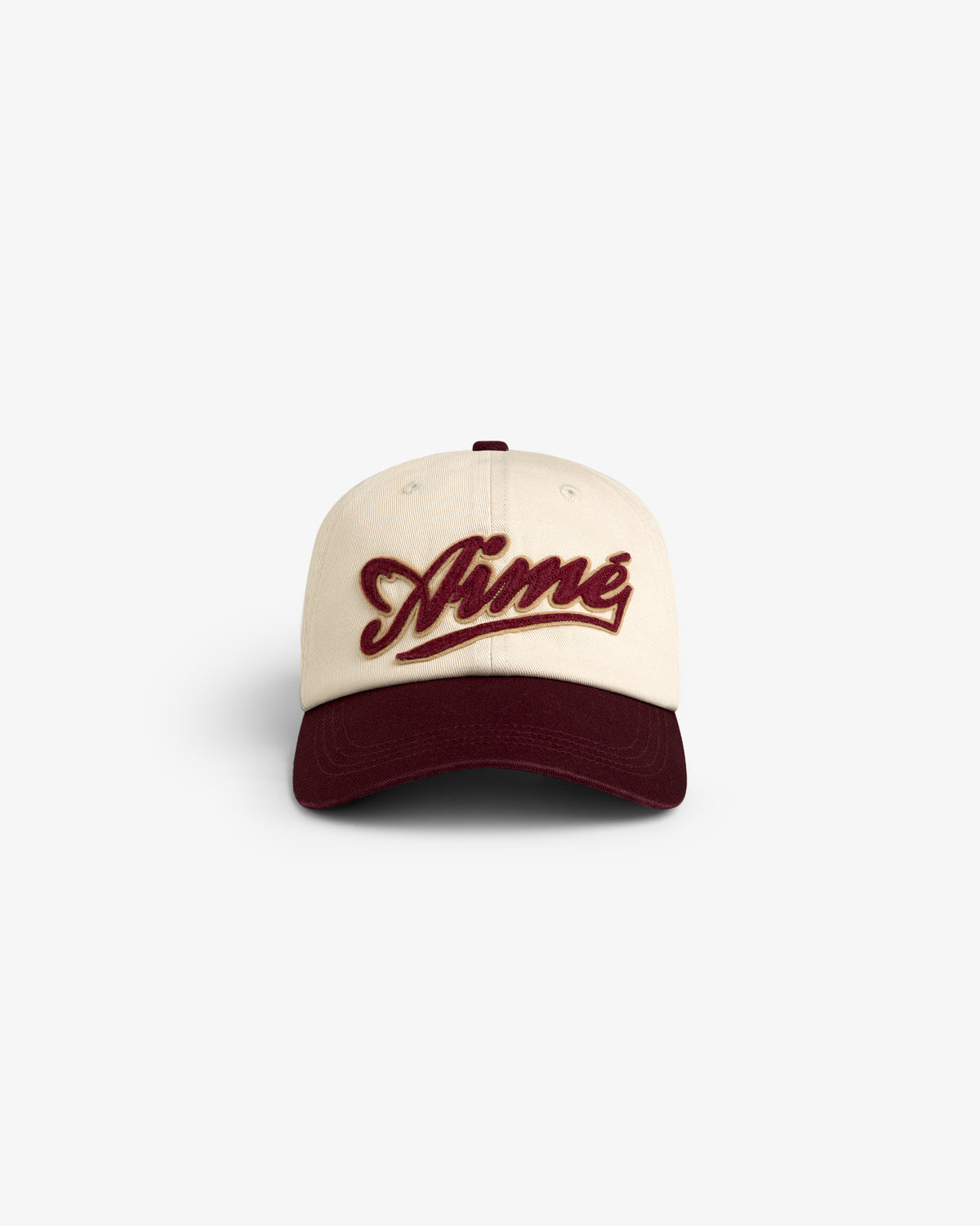 Cream Cycling Logo Hat with “Aimé” in maroon script and a matching maroon brim, shown on a white background.