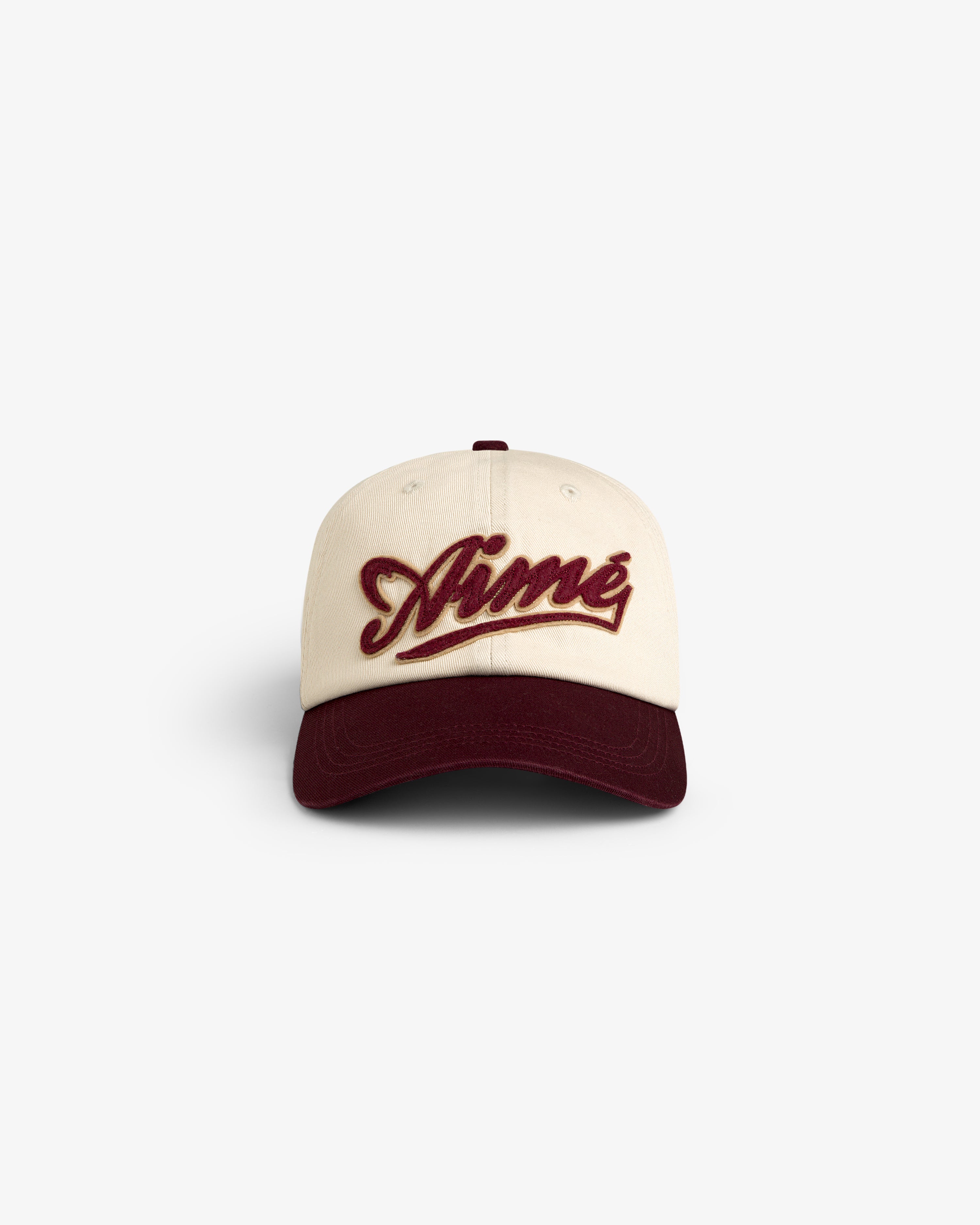 Cream Cycling Logo Hat with “Aimé” in maroon script and a matching maroon brim, shown on a white background.
