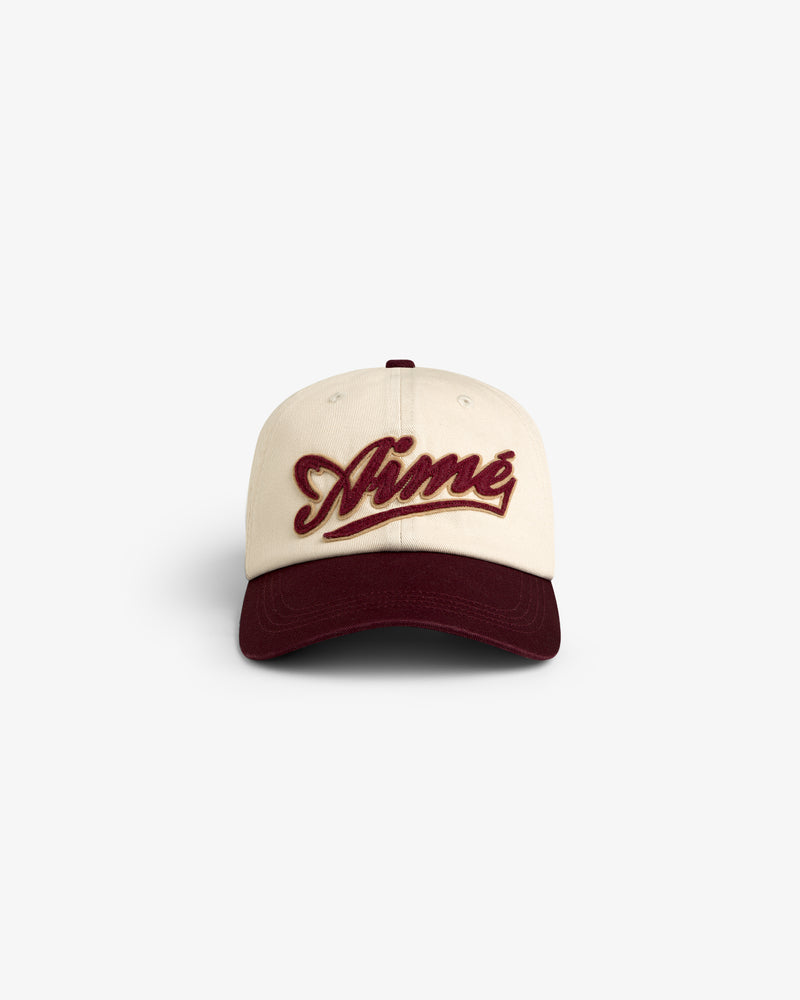 Cream Cycling Logo Hat with “Aimé” in maroon script and a matching maroon brim, shown on a white background.
