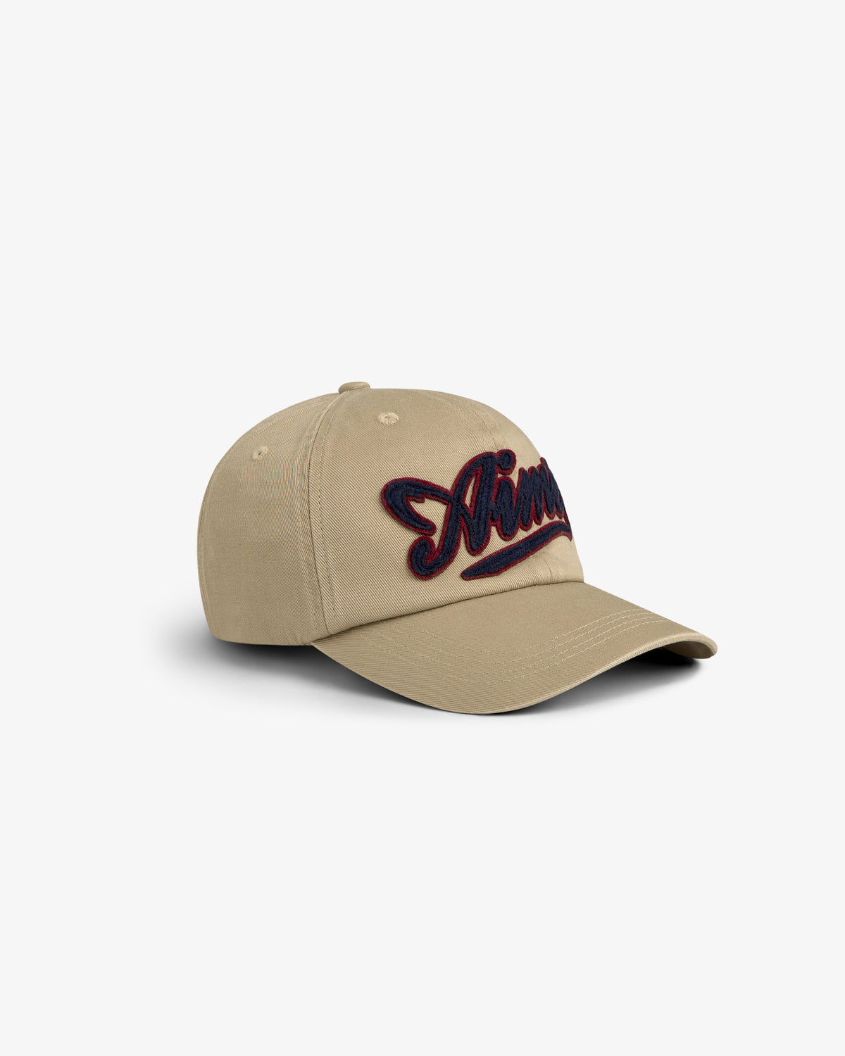 Beige Cycling Logo Hat with a curved brim and Aimé embroidered in large script on the front.