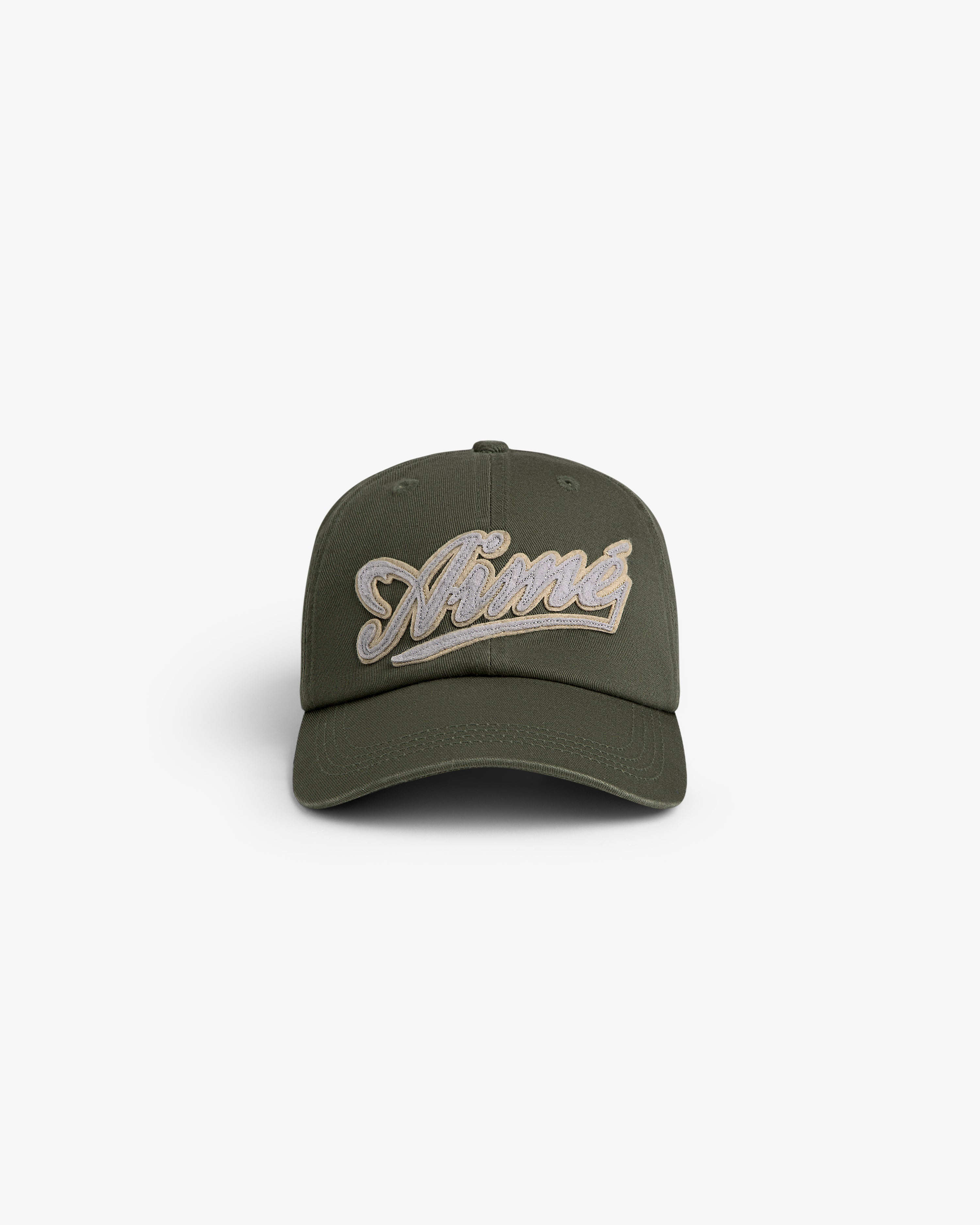 Cycling Logo Hat in olive green with “Nîmes” beige cursive embroidery on front, shown against a white background.