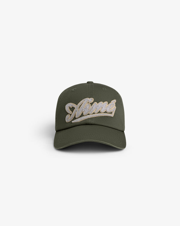 Cycling Logo Hat in olive green with “Nîmes” beige cursive embroidery on front, shown against a white background.