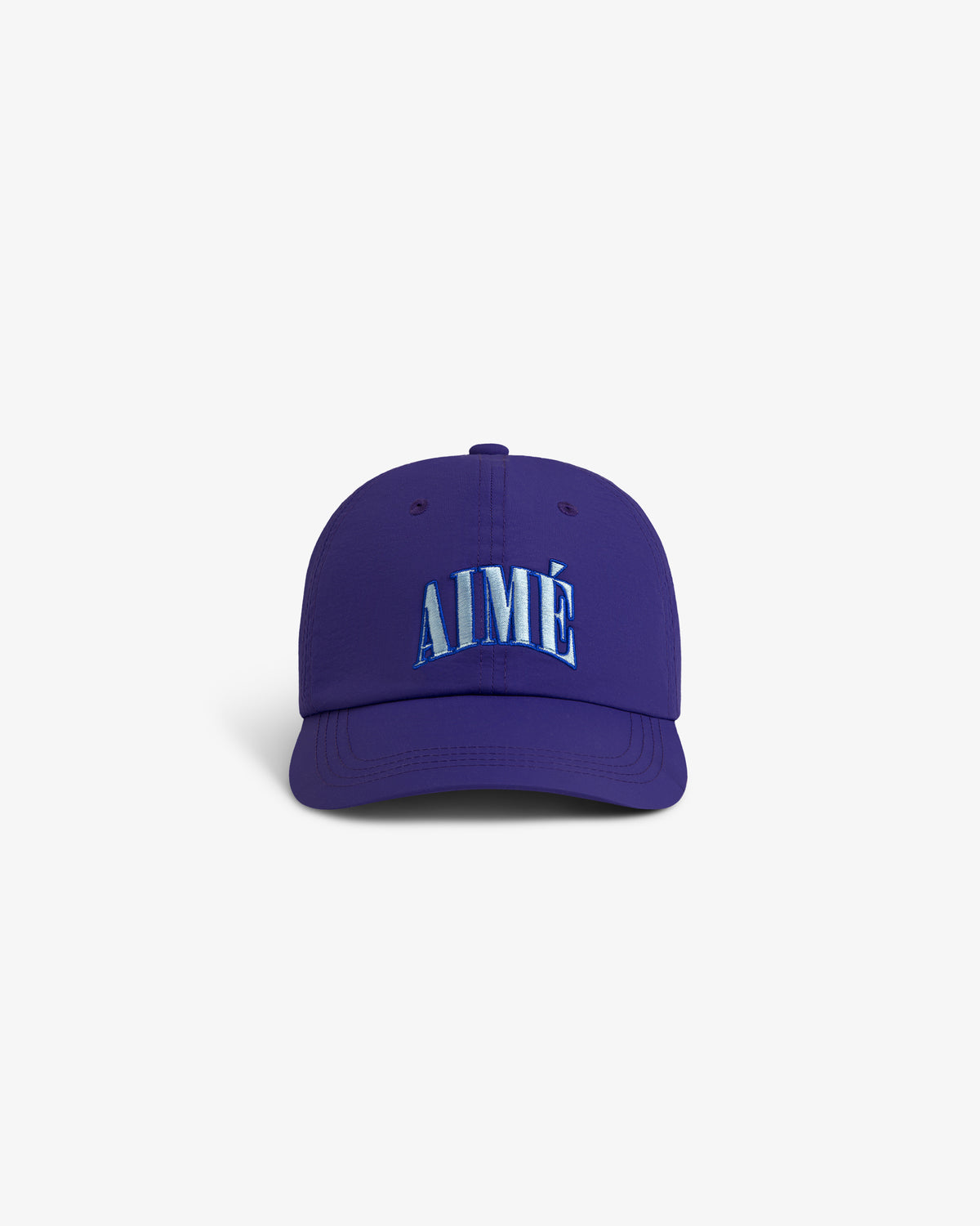 Nylon Crusher Hat in purple with AIMÉ embroidered in large blue and white letters on the front, shown on white background.
