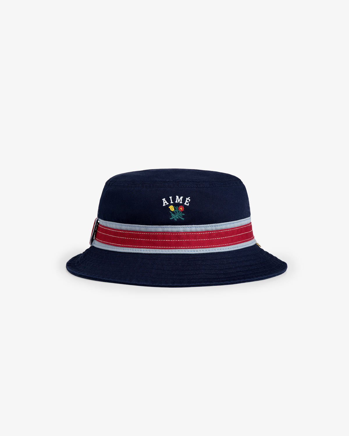 Crest Bucket Hat: Navy blue with red and white stripe, AIME embroidered above a small floral design on the front.