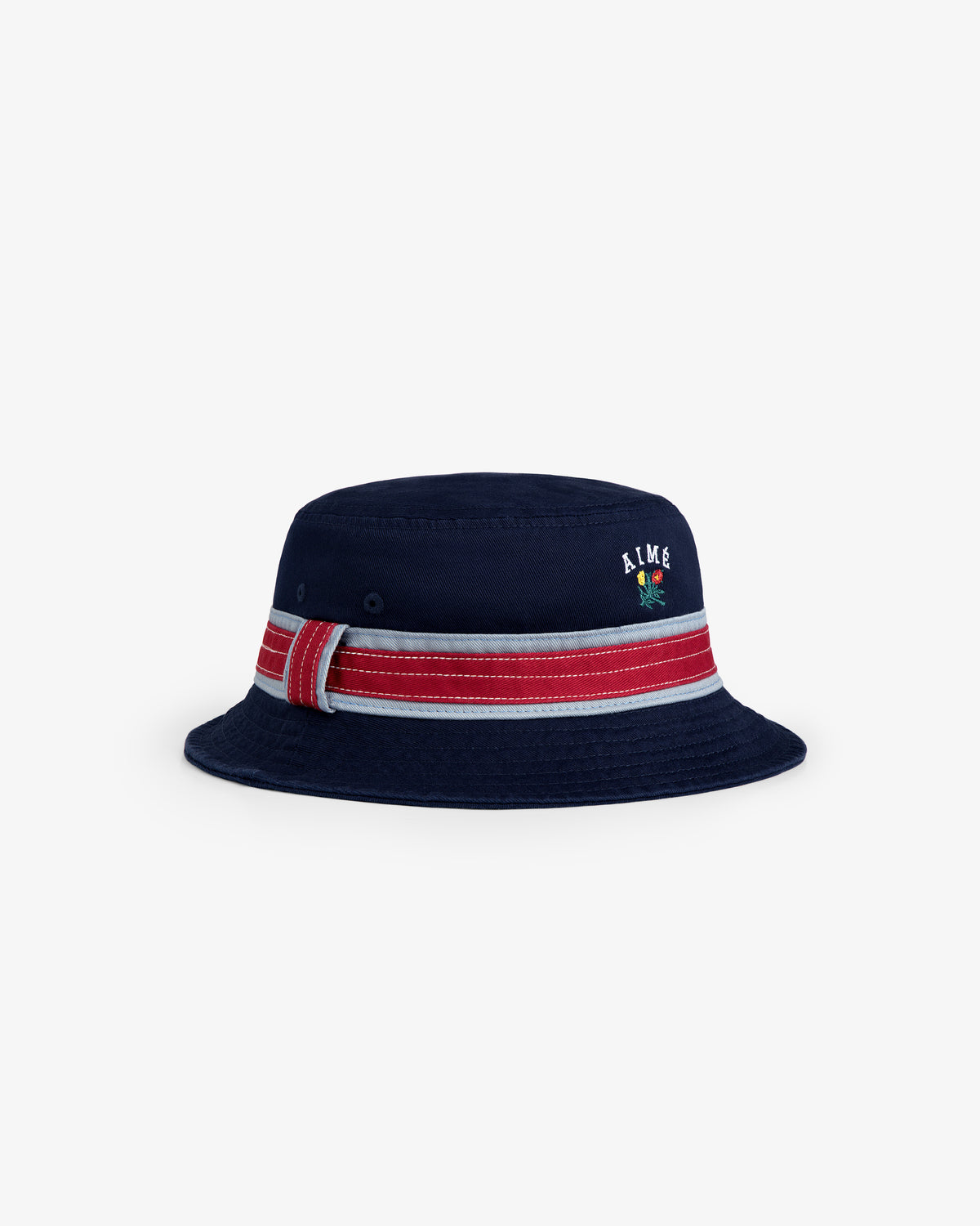 Crest Bucket Hat in navy with a red and white striped band and small embroidered front logo.