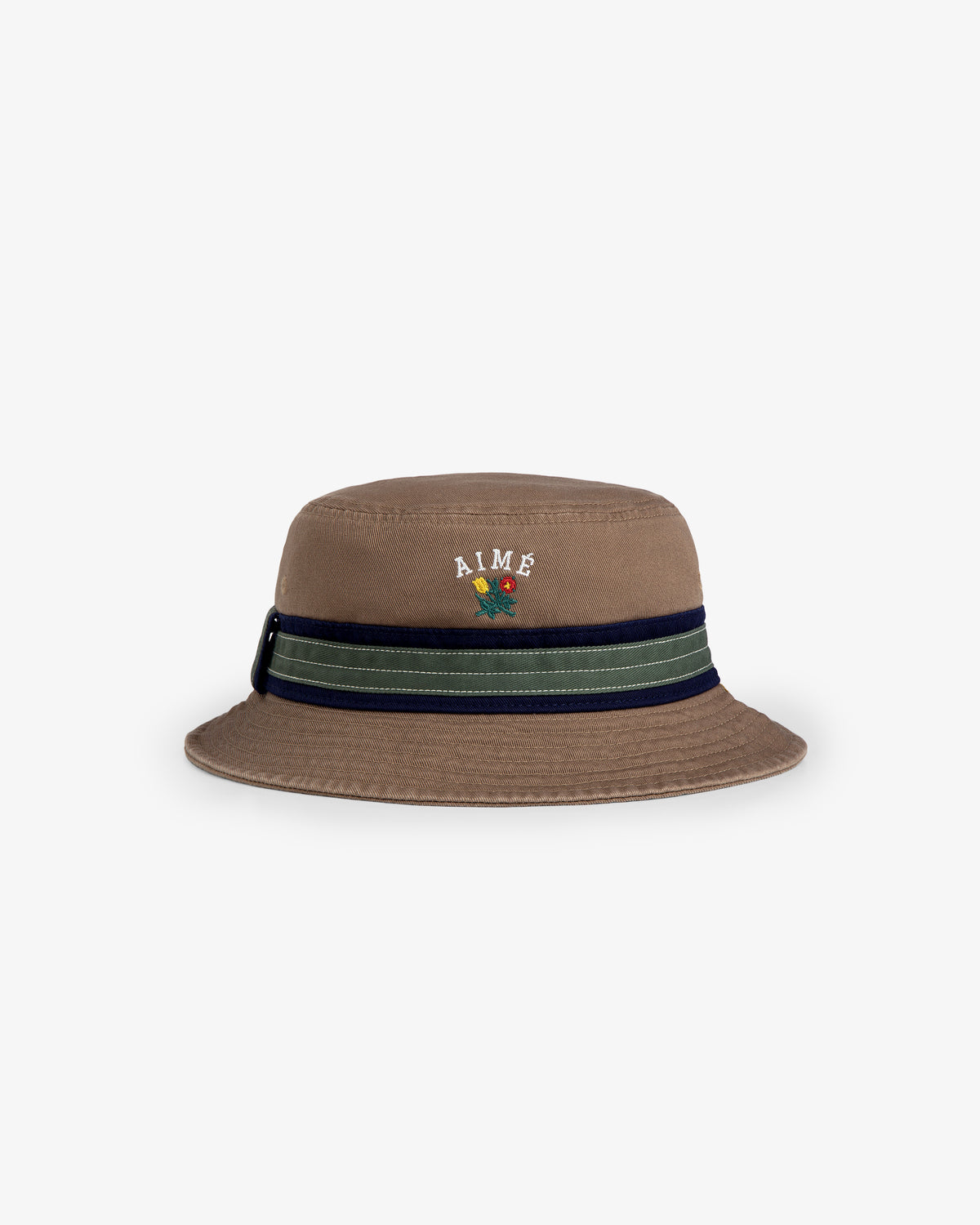 Crest Bucket Hat: Brown with navy and green striped band, "AIME" and a small floral design embroidered on the front.