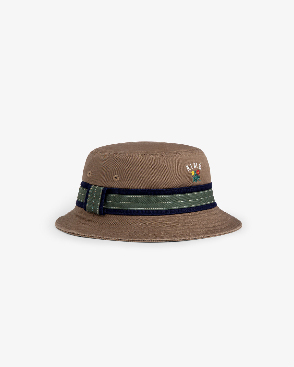 Crest Bucket Hat features a green and navy striped band and a small flower embroidered logo on the front.
