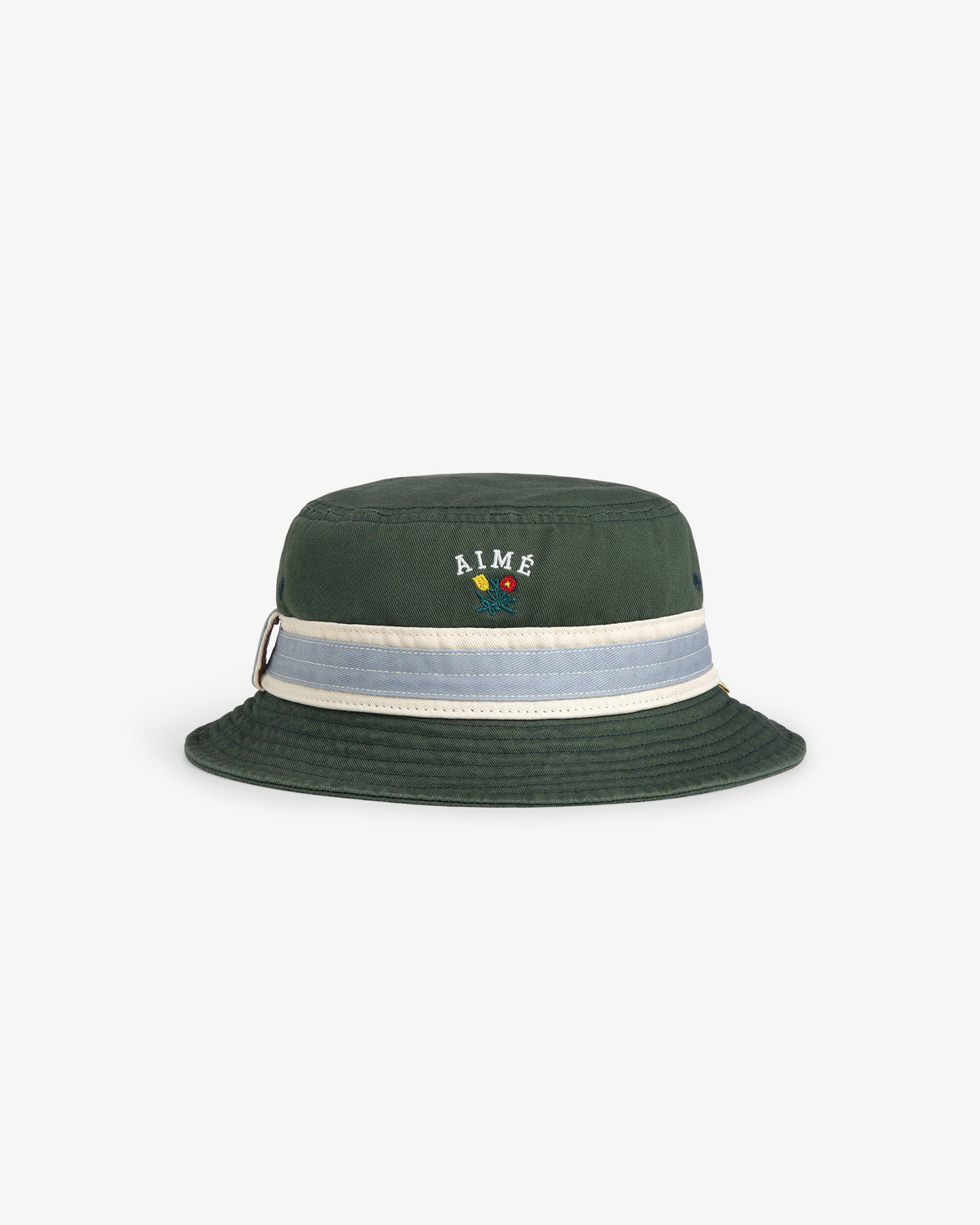 Crest Bucket Hat in dark green with light blue and white stripe and AIME plus small flower embroidery on the front.