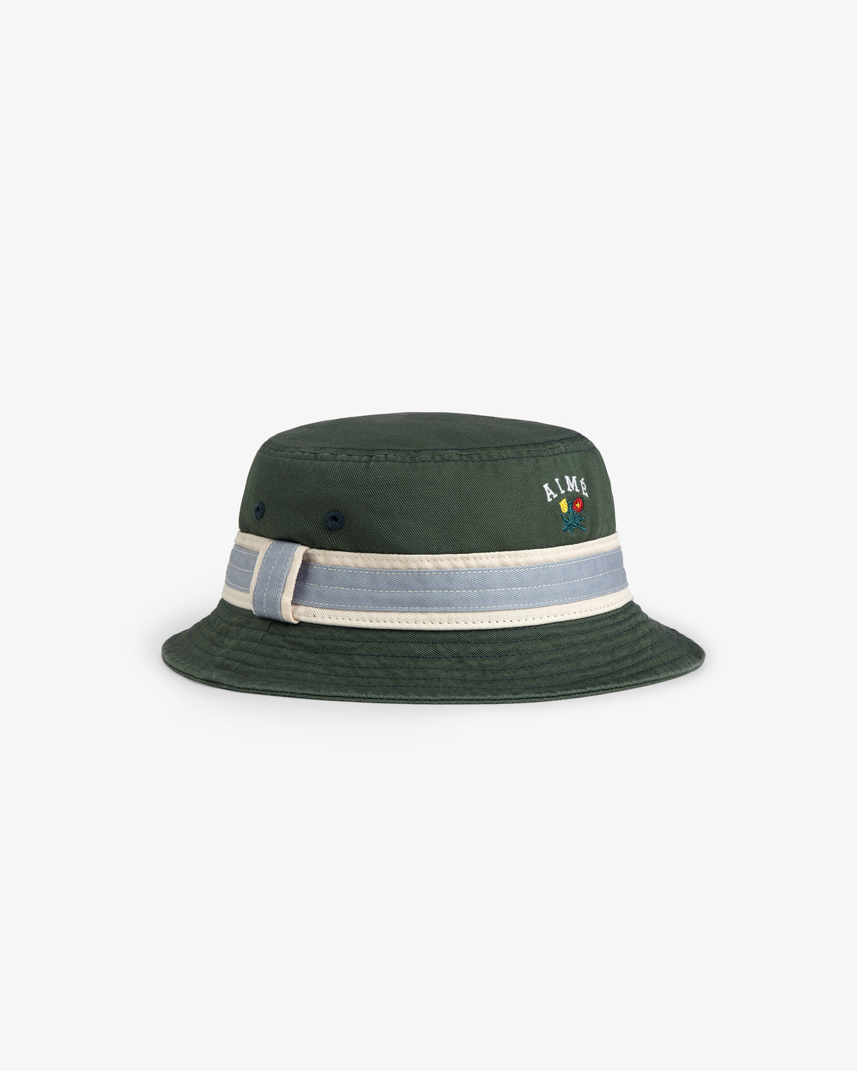 Crest Bucket Hat: Dark green with a wide light gray stripe and small front embroidered logo.