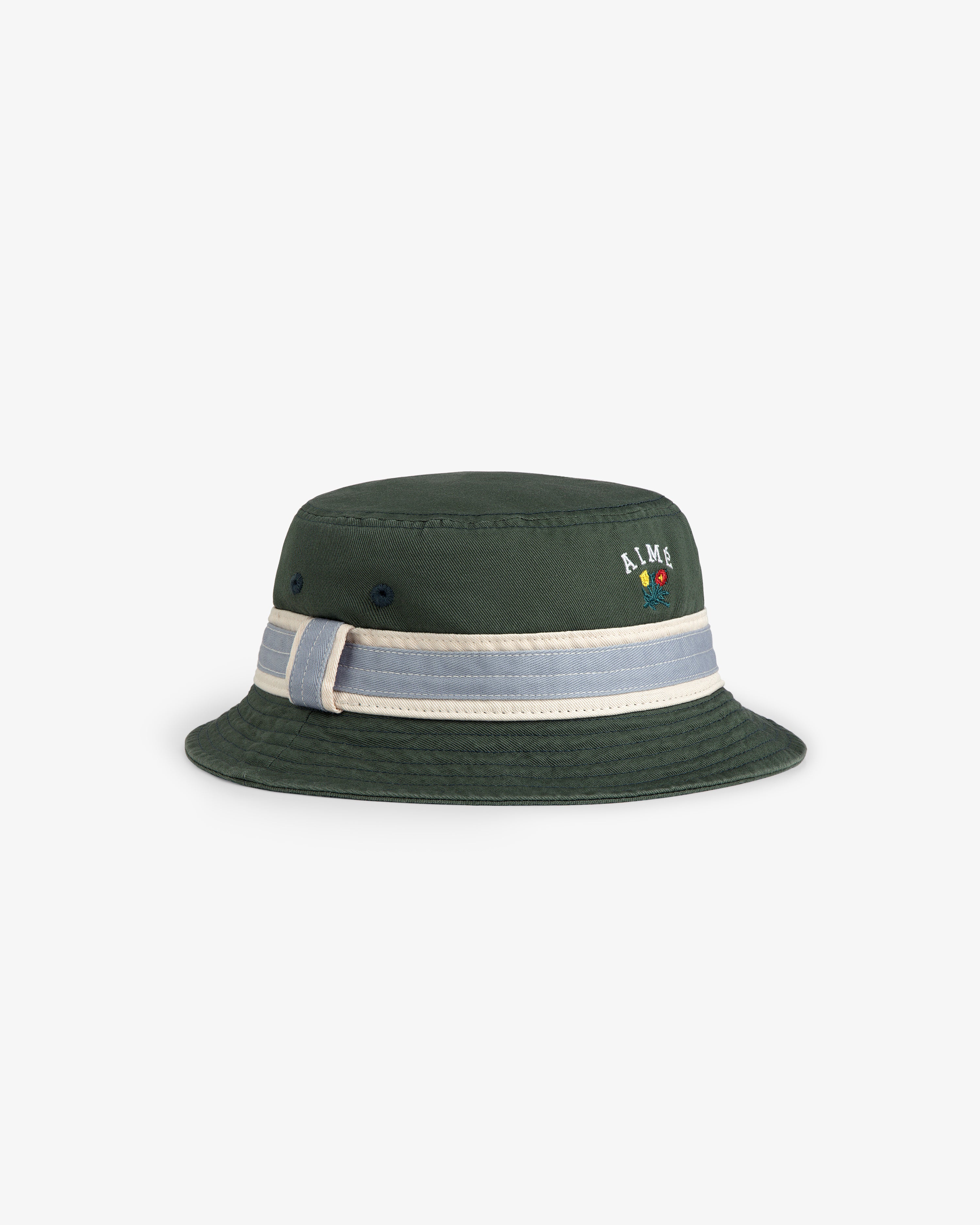 Crest Bucket Hat: Dark green with a wide light gray stripe and small front embroidered logo.