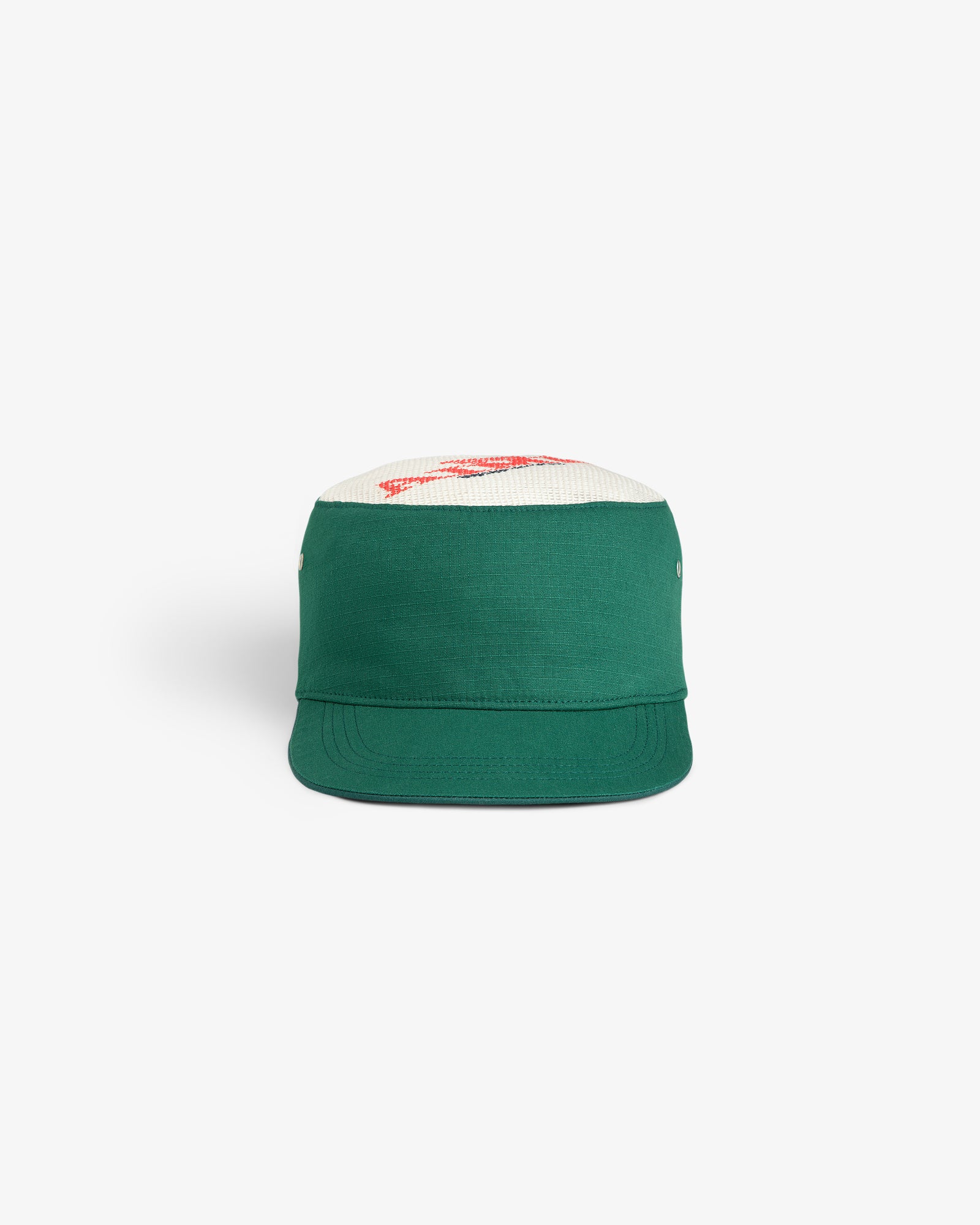 Aimé Painters Hat in green and white with a flat brim, front view on a plain white background.