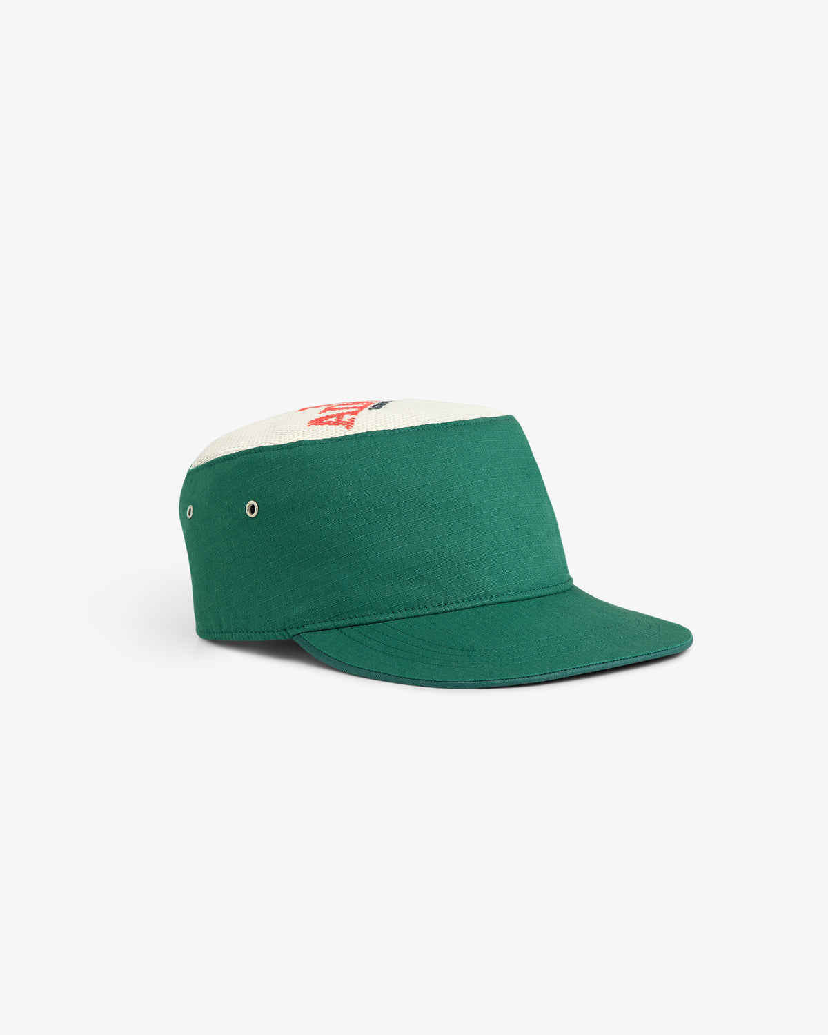 Aimé Painters Hat: green and white five-panel cap with metal eyelets and a red graphic on the white top panel.