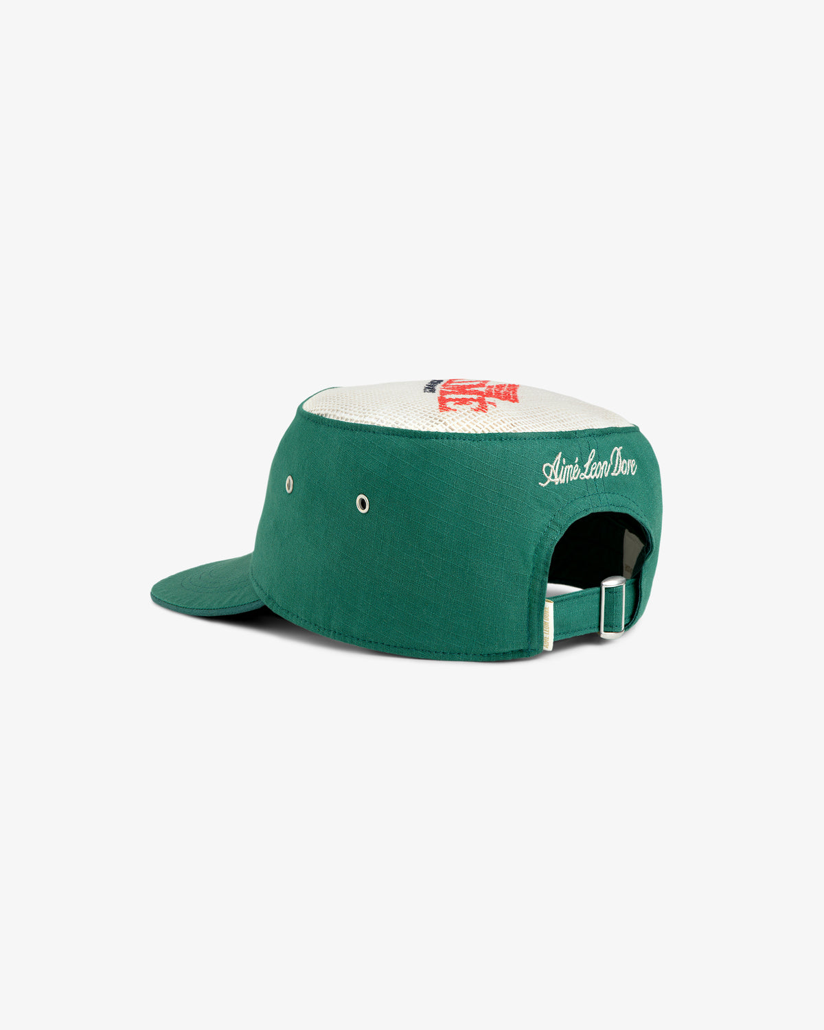 The Aimé Painters Hat is a green and white cap with an adjustable strap and Aimé Leon Dore embroidered on the back.