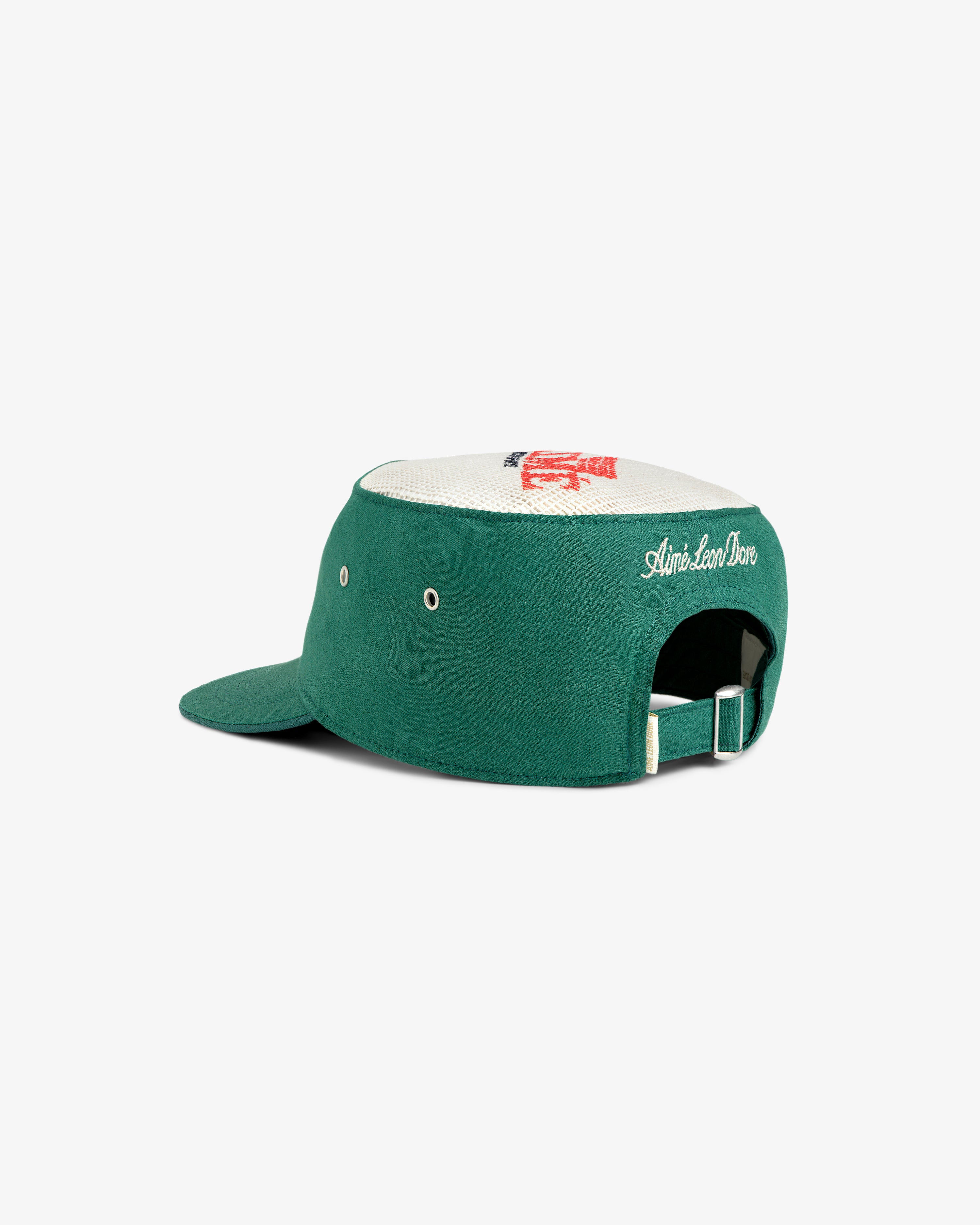The Aimé Painters Hat is a green and white cap with an adjustable strap and Aimé Leon Dore embroidered on the back.