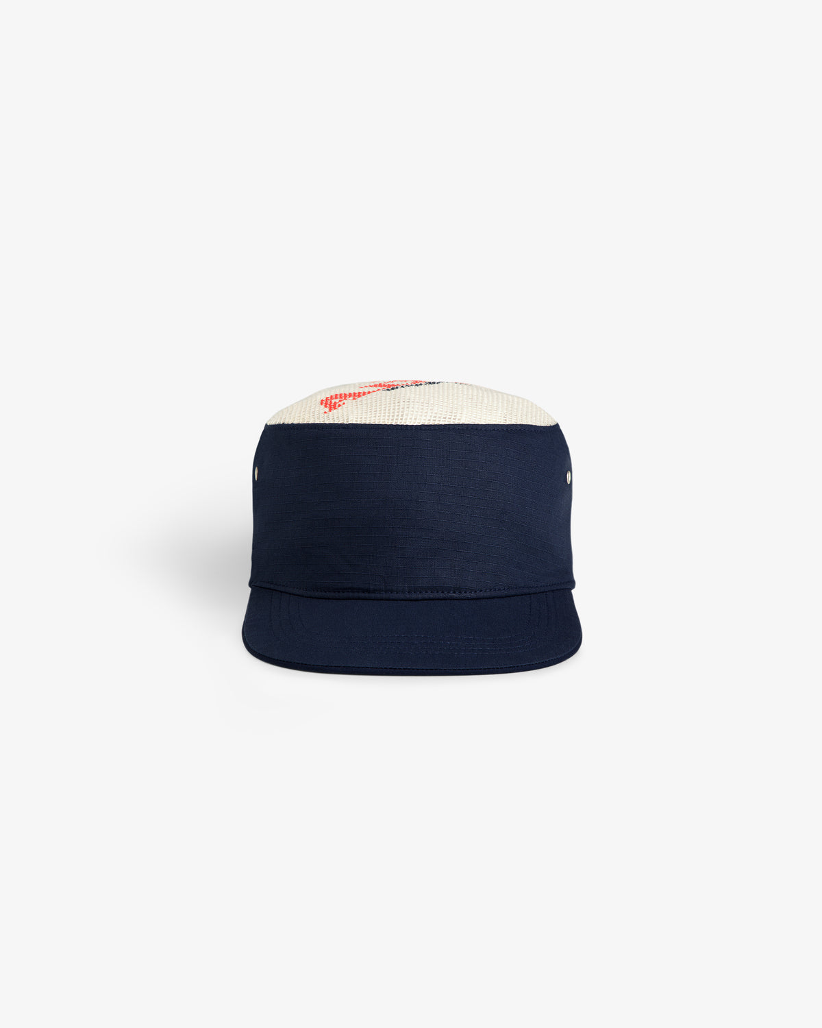 Aimé Painters Hat in navy with white mesh top and small red design, front view on plain background.