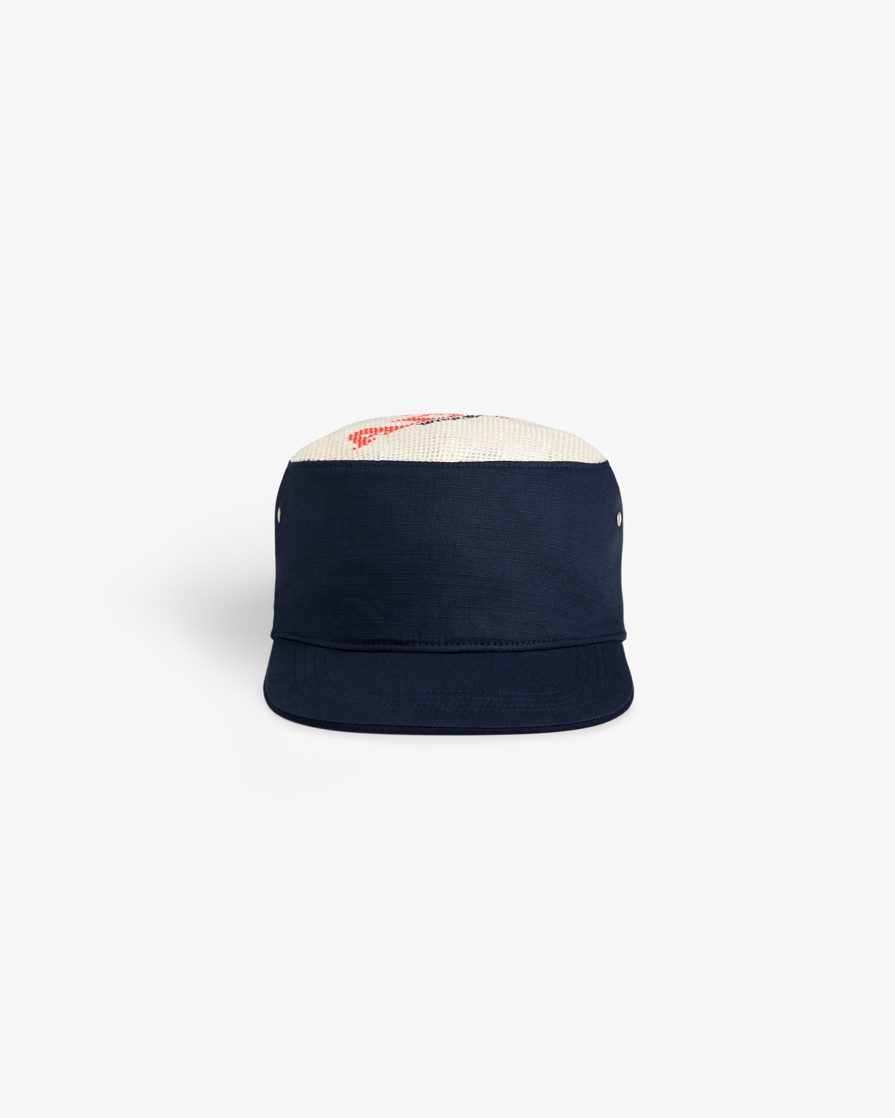 Aimé Painters Hat in navy with white mesh top and small red design, front view on plain background.