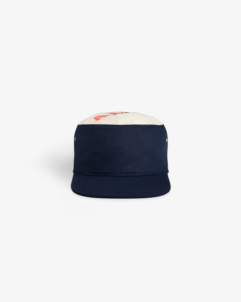 Aimé Painters Hat in navy with white mesh top and small red design, front view on plain background.