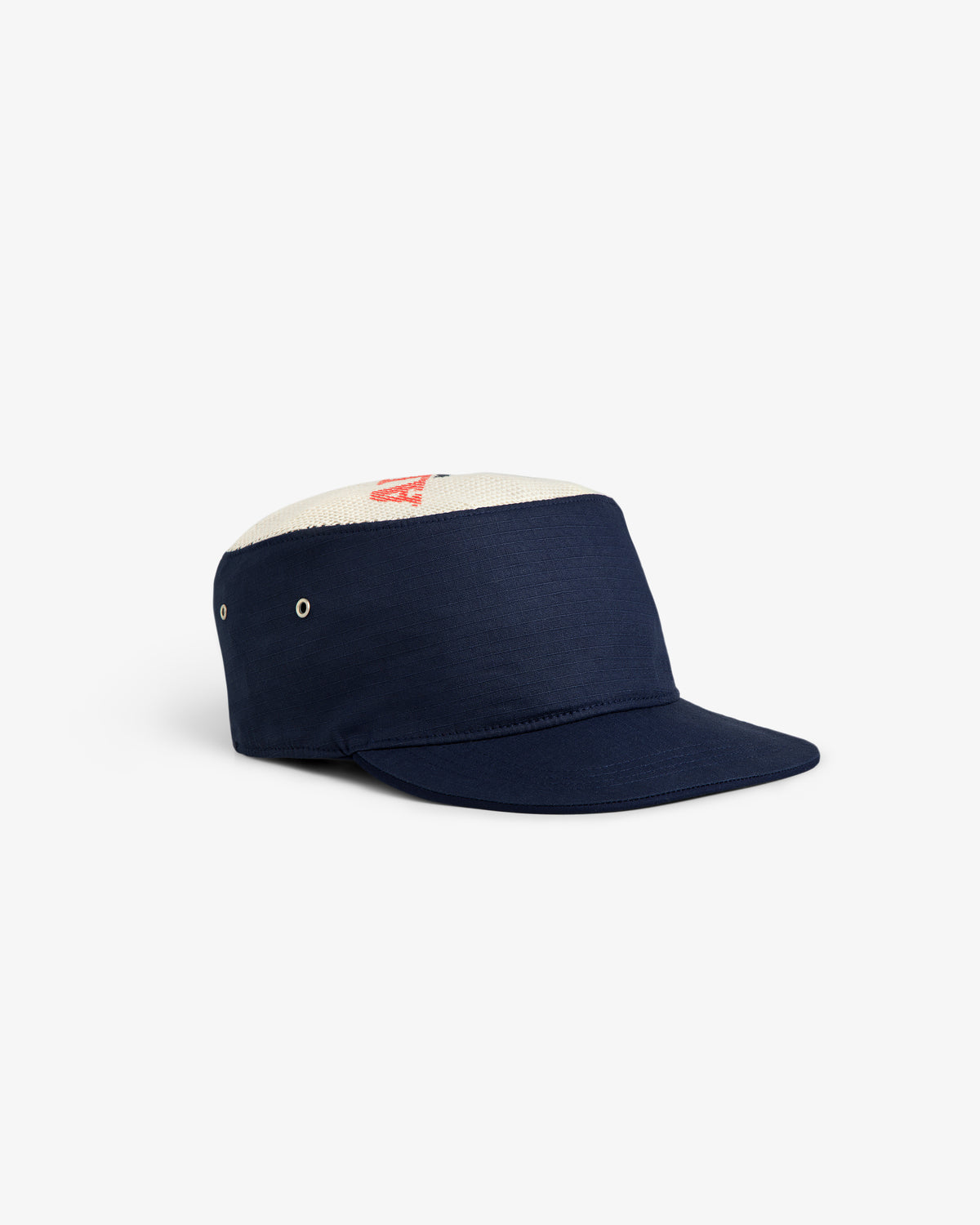 Aimé Painters Hat in navy blue and white with a flat brim, mesh top, and small red front logo.