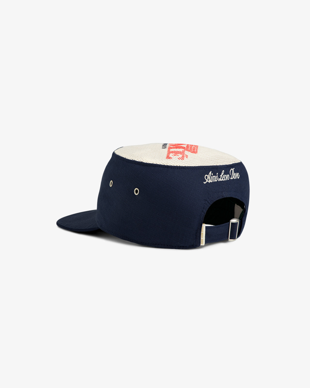 Aimé Painters Hat in navy and white with adjustable strap, flat brim, and embroidered text, shown from the back.