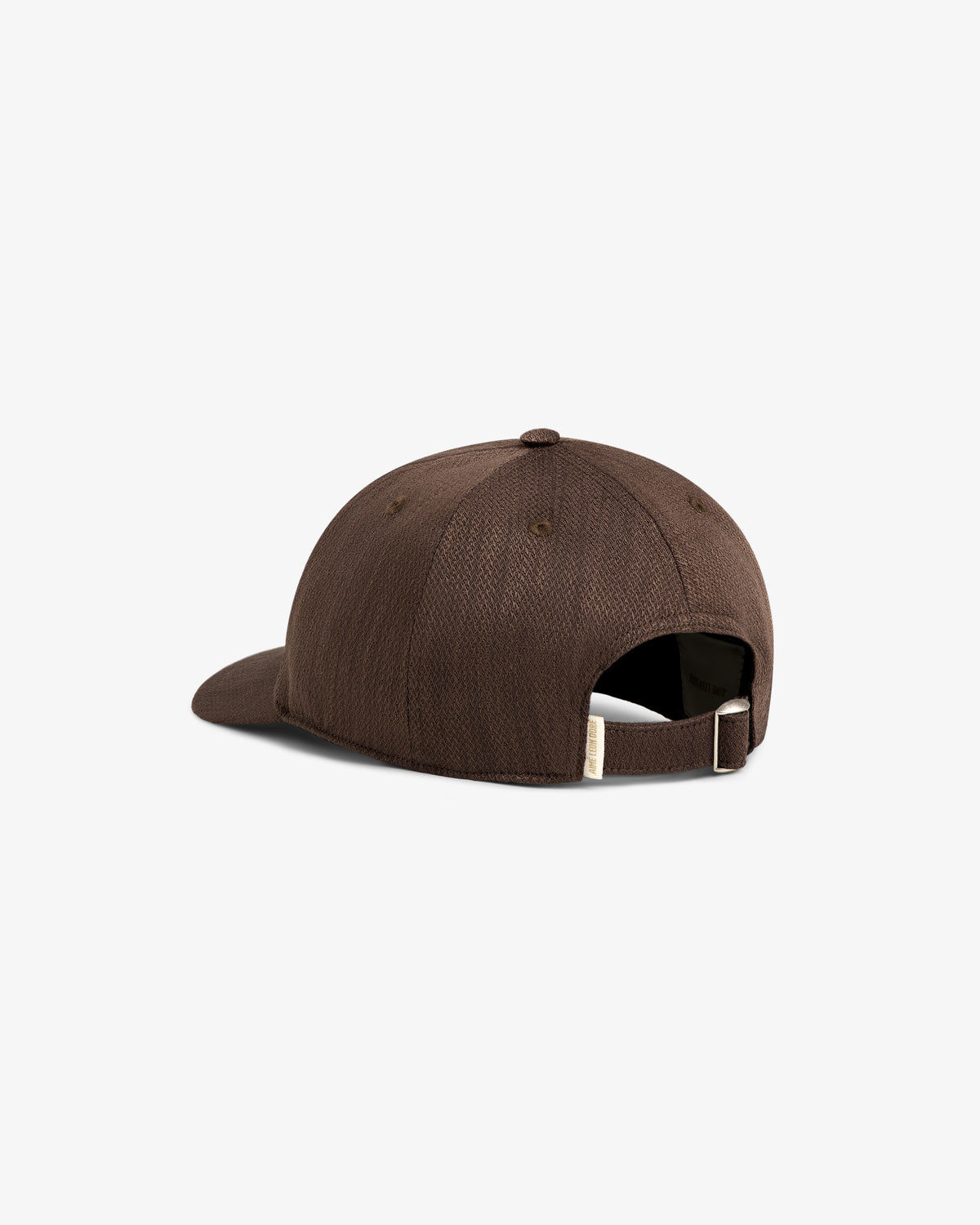 Linen Blend Heritage Hat in brown, featuring a curved brim, back view, adjustable strap, and metal buckle.
