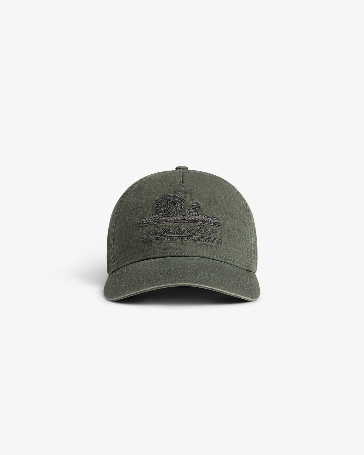 Sun Faded Unisphere Hat in olive green with embroidered outdoor scene and text, shown on a white background.