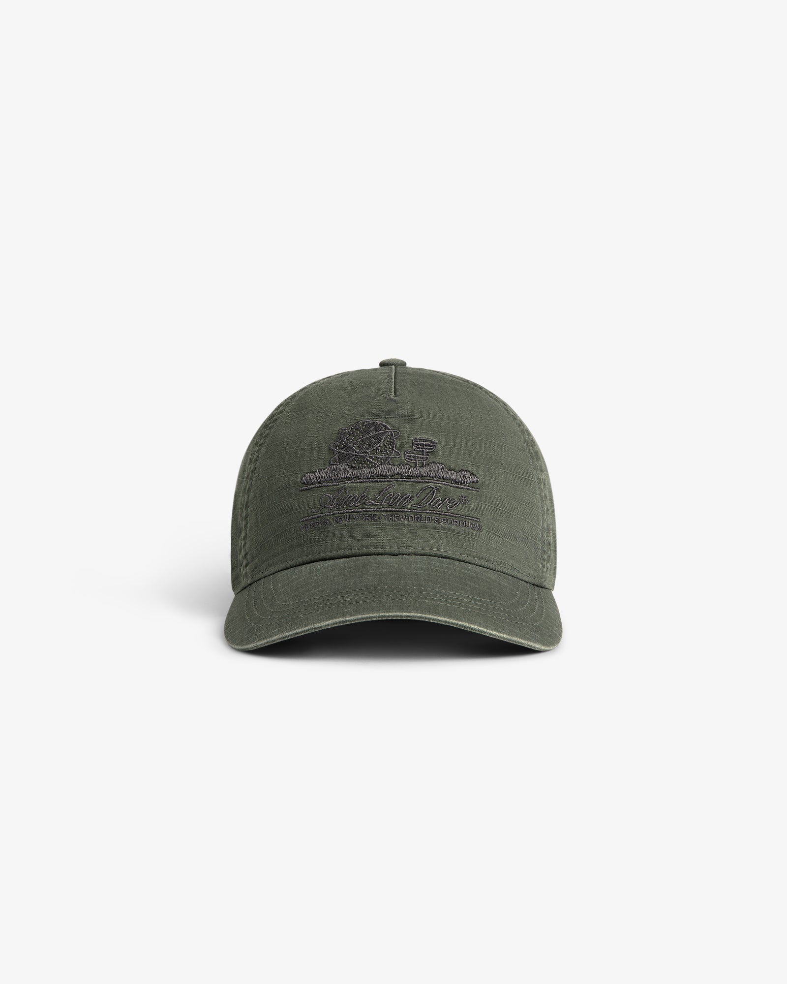 Sun Faded Unisphere Hat in olive green with embroidered outdoor scene and text, shown on a white background.
