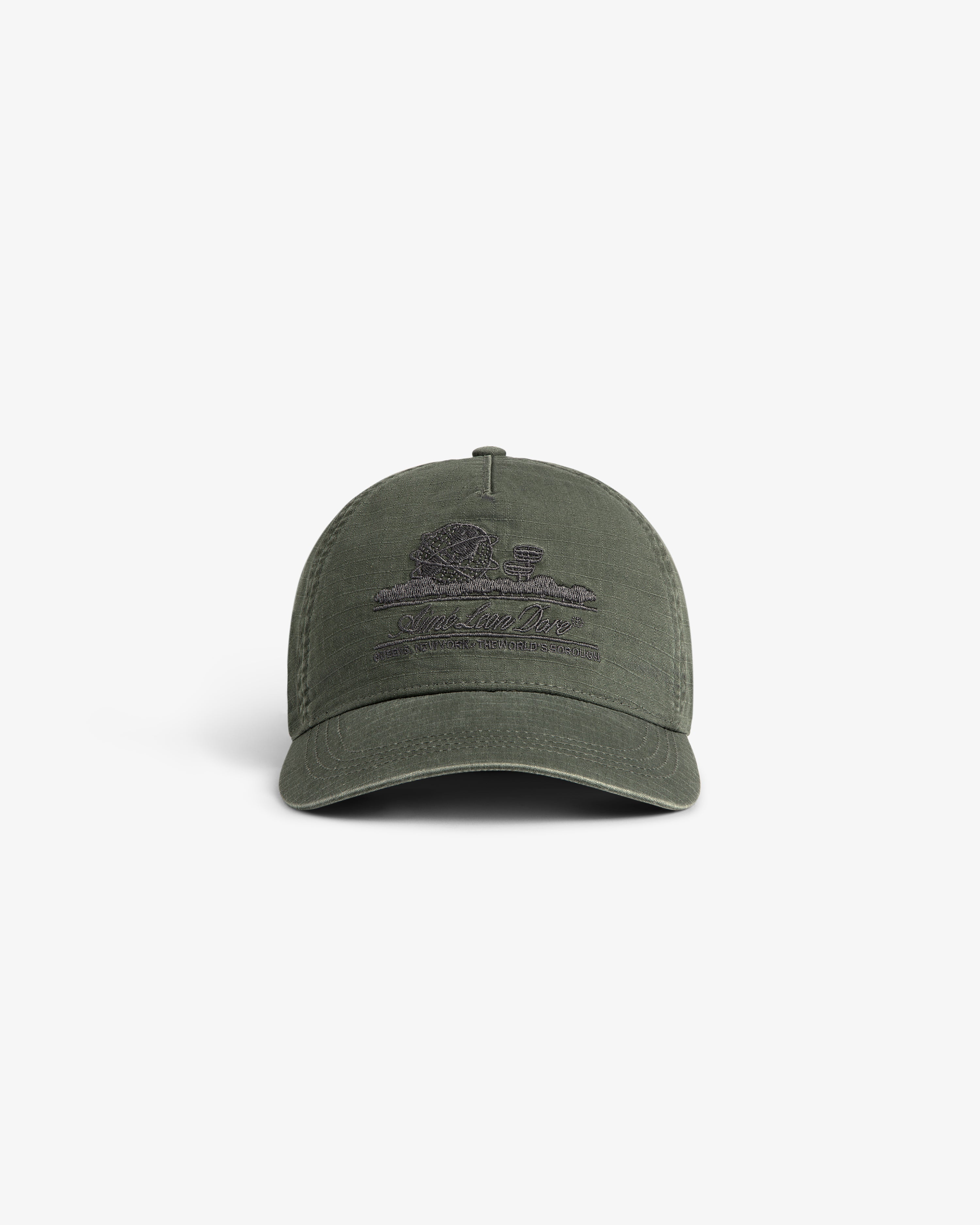 Sun Faded Unisphere Hat in olive green with embroidered outdoor scene and text, shown on a white background.
