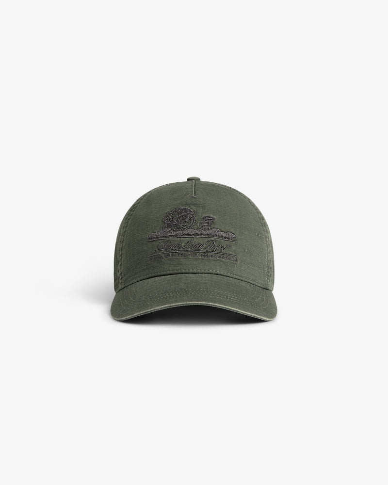 Sun Faded Unisphere Hat in olive green with embroidered outdoor scene and text, shown on a white background.