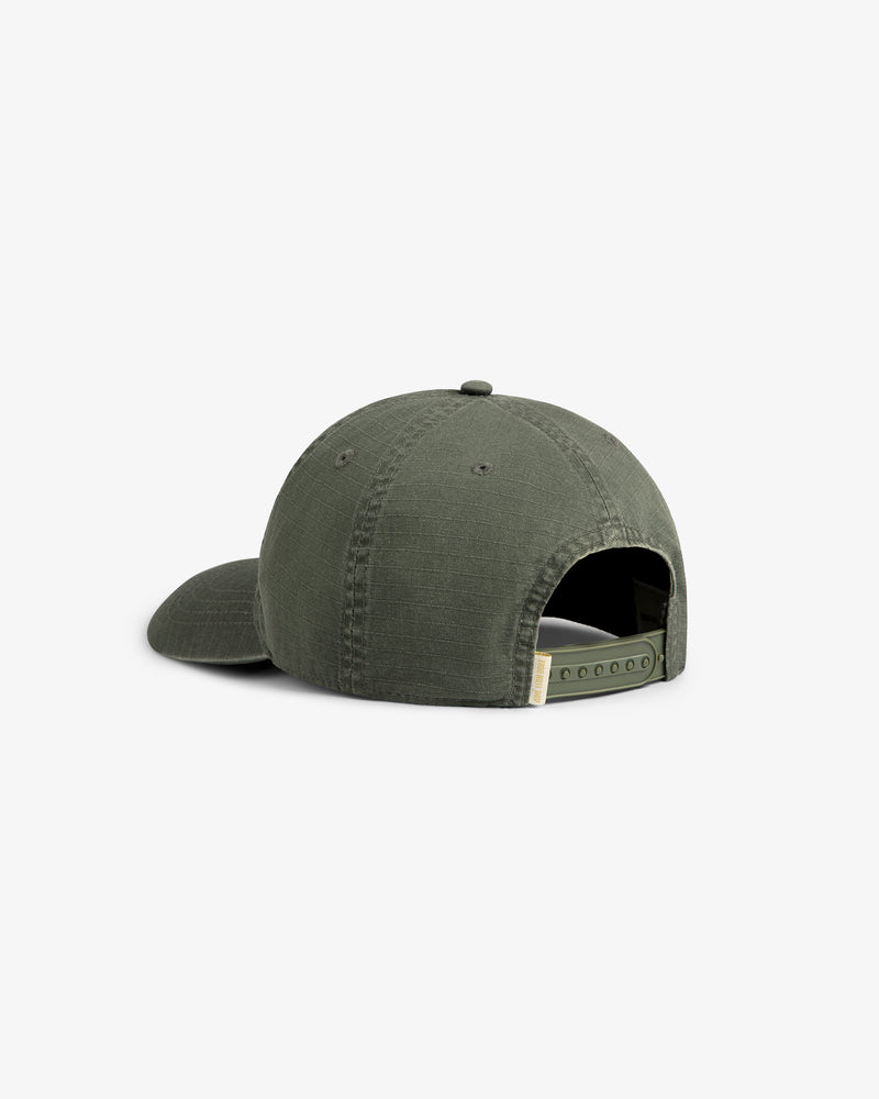 Back view of the Sun Faded Unisphere Hat in olive green, featuring visible stitching and an adjustable snapback closure.