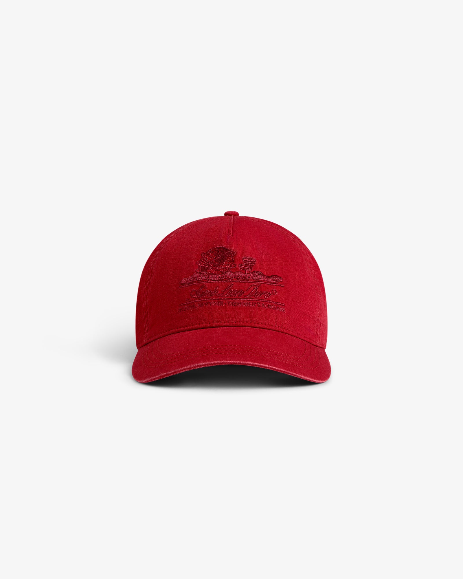 The Sun Faded Unisphere Hat is a red cap with embroidered text and graphic, displayed on a plain white background.