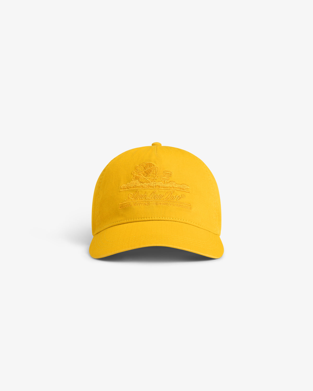 Sun Faded Unisphere Hat in bright yellow with embroidered front design, shown on a plain white background.