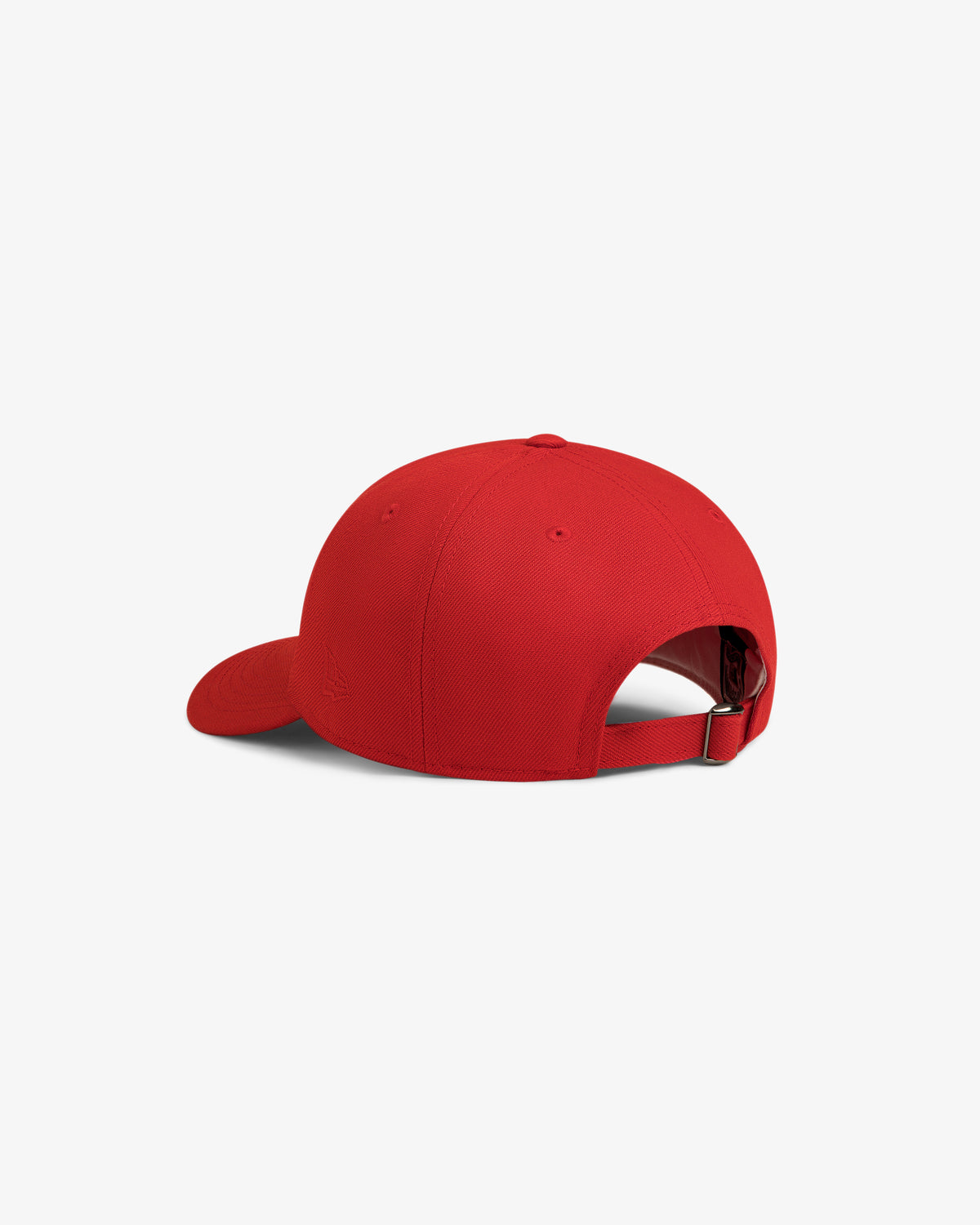 The ALD / New Era Highlanders Retro Fit Hat in red, shown from the back with its adjustable strap and buckle.